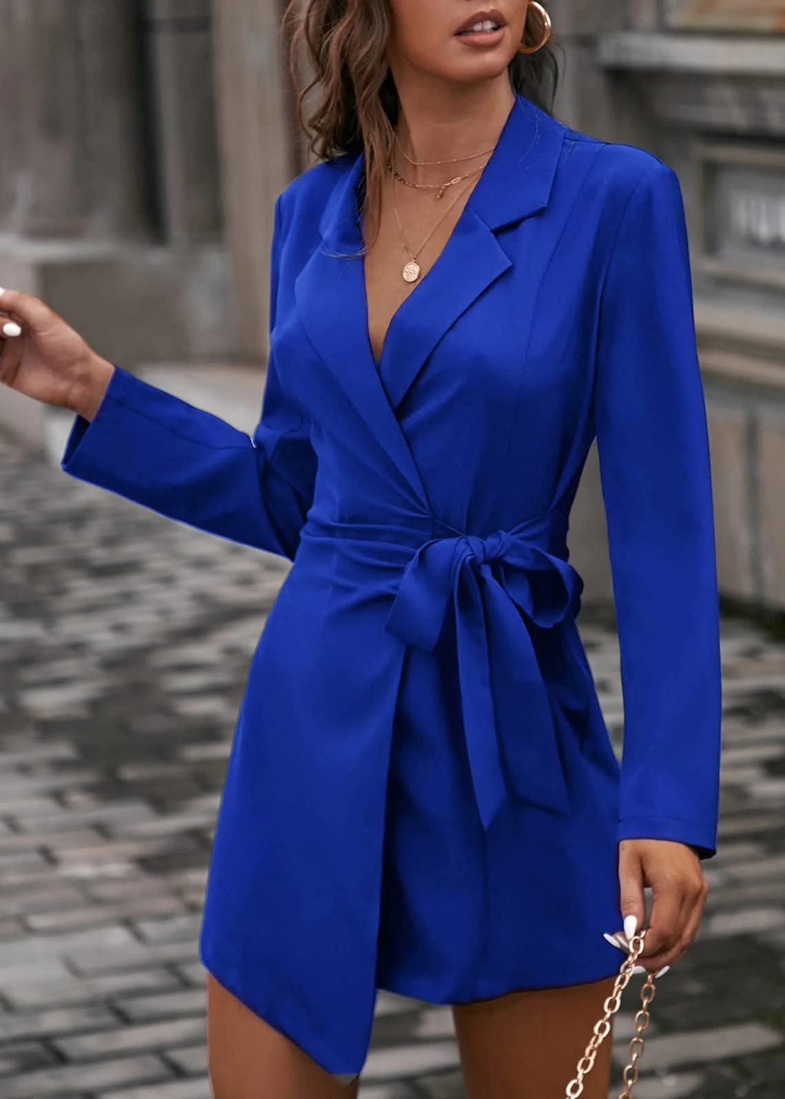 Tomwell Damen Blazer Kleid V Neck Einfarbiges Zweireihiges Anzugkleid Mit Hoher Taille Business Büro Jacken Anzug MiniKleid mit Gürtel