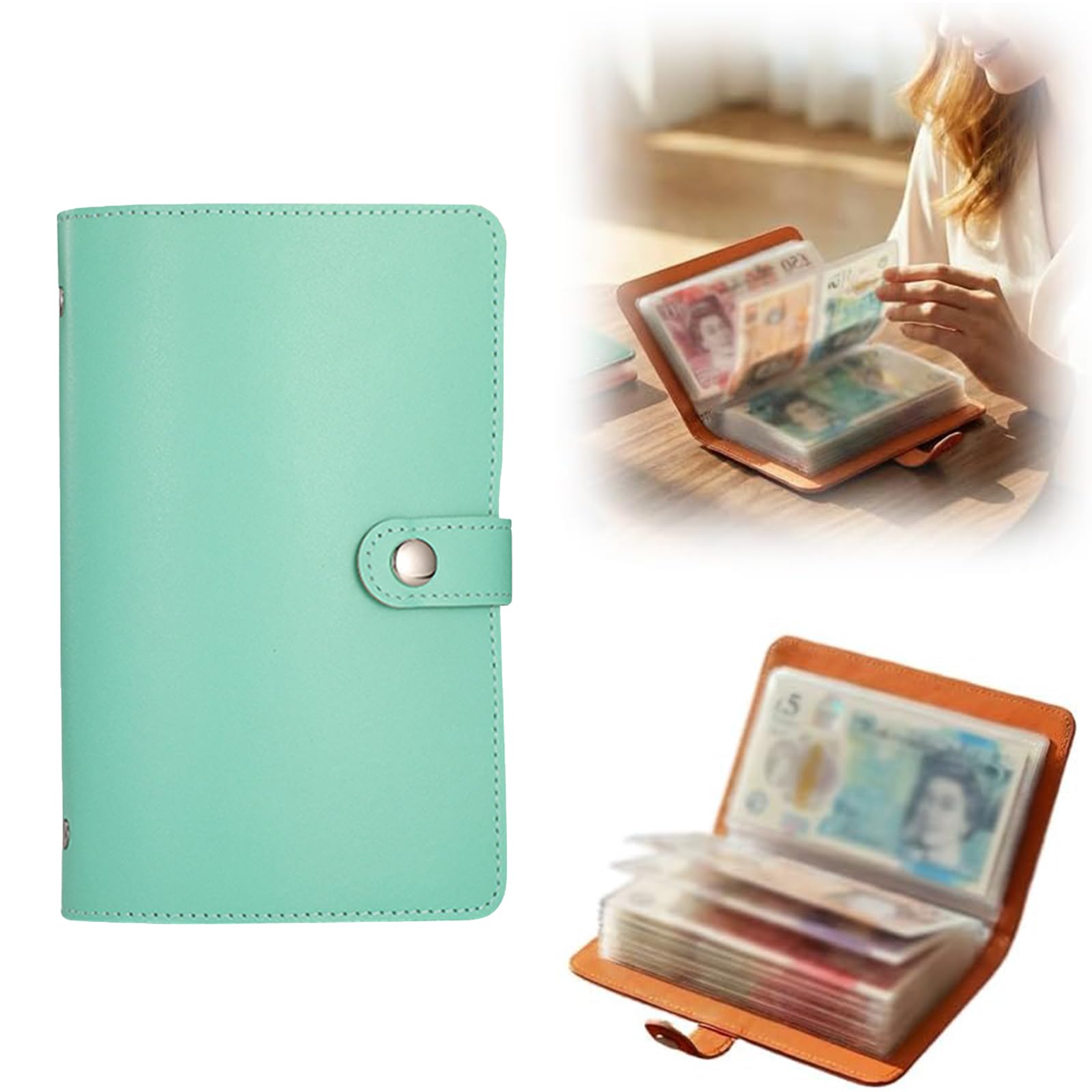 100 Envelopes Saving Challenge, Money Saving Wallet, Includes Saving Notebook & Binder, Binder with Magnetic Buckle Savings Notebook, Both Sides can be Used (Green)