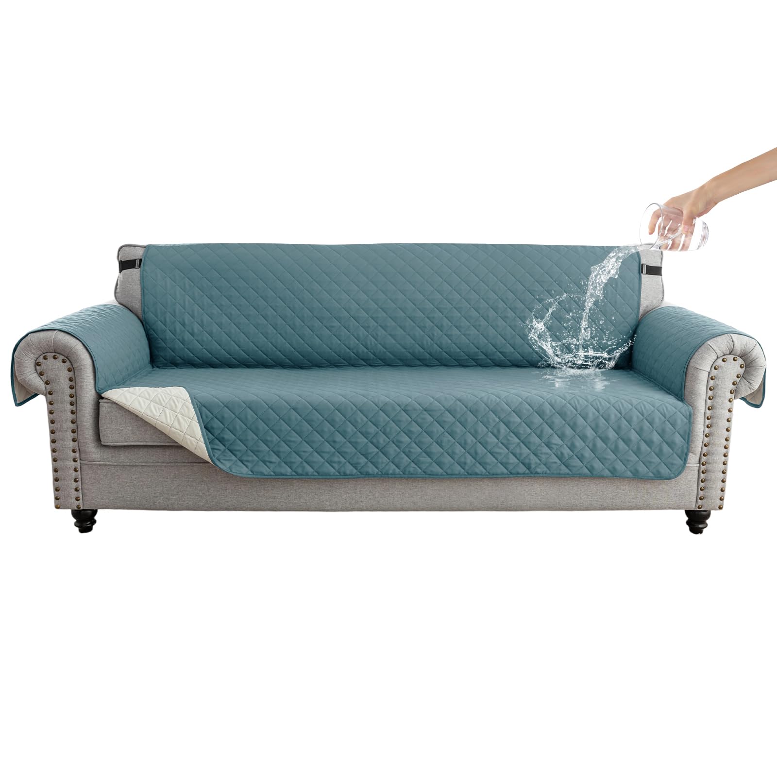 Zlune 4-Seater Reversible Sofa Cover, Water-Resistant, Gray blue/Beige