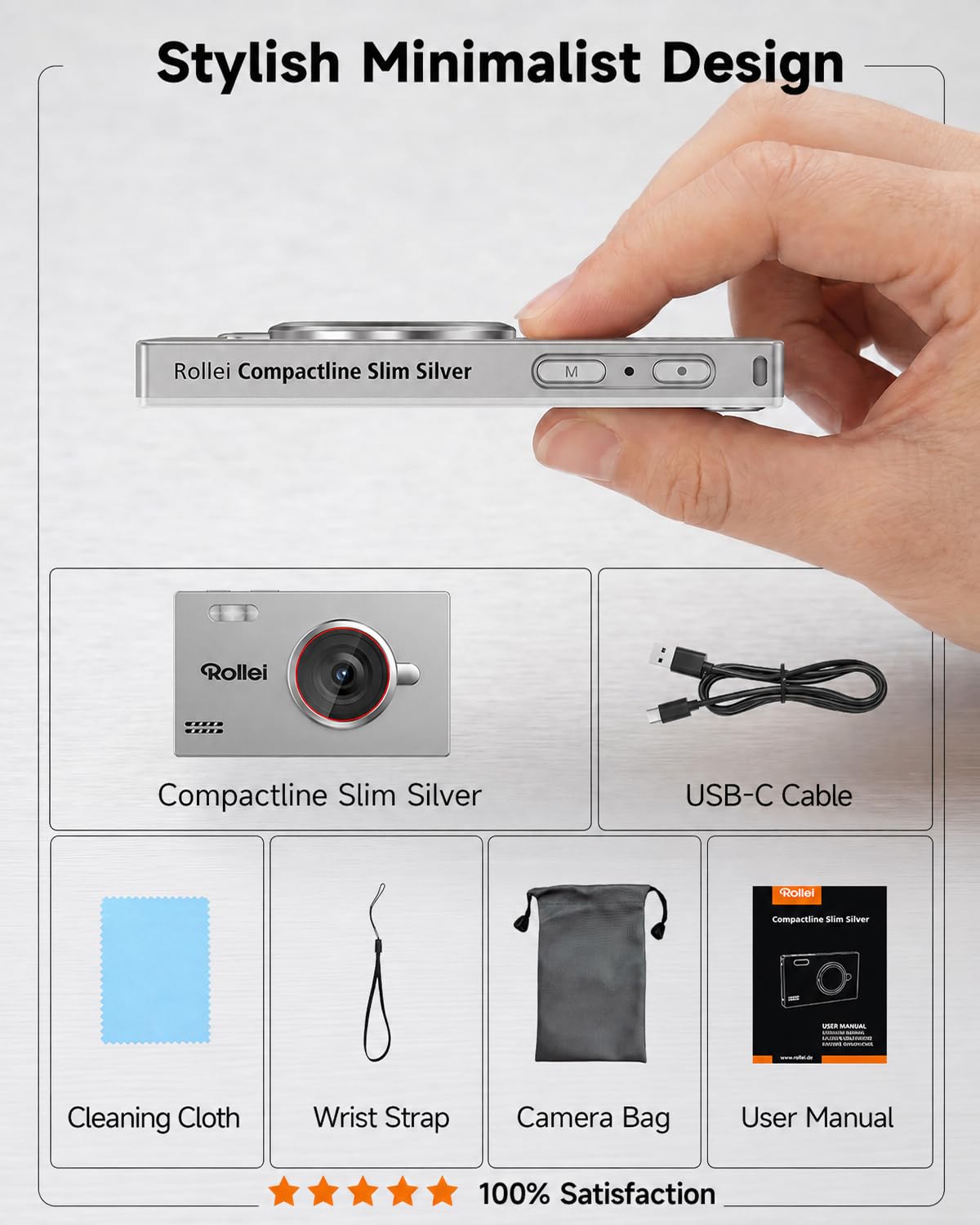 Fotocamera Digitale Rollei Compactline Slim Silver 80MP 4K Macchina Fotografica con Cattura Sorriso Ultrasottile Camera Compatta e Portatile per Principianti, Fotocamera-Digitale-Macchina-Fotografica