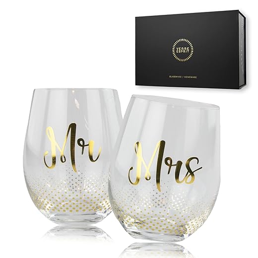 VERRE ESPRIT Mr and Mrs Wine Glasses, Stemless Wedding Glasses for Bride and Groom, Bride and Groom Glasses with Gold Lettering, Mr and Mrs Glasses set of 2, Crystal Wedding Wine Glasses