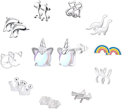 NEWITIN 11 Pairs 925 Sterling Silver Stud Earrings for Girls Hypoallergenic Earrings Unicorn Earrings Animals Earrings Cute Small Stud Earrings for