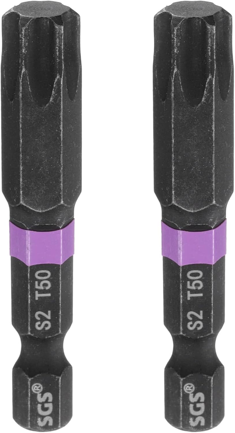 HARFINGTON 2pcs T50 Torx Head Impact Screwdriver Bits 1/4" Hex Shank 2" (50mm) Long Magnetic No Hole Tamper Proof 6 Point Star Screw Driver Drill Bits Phosphate S2 Steel Power Tools
