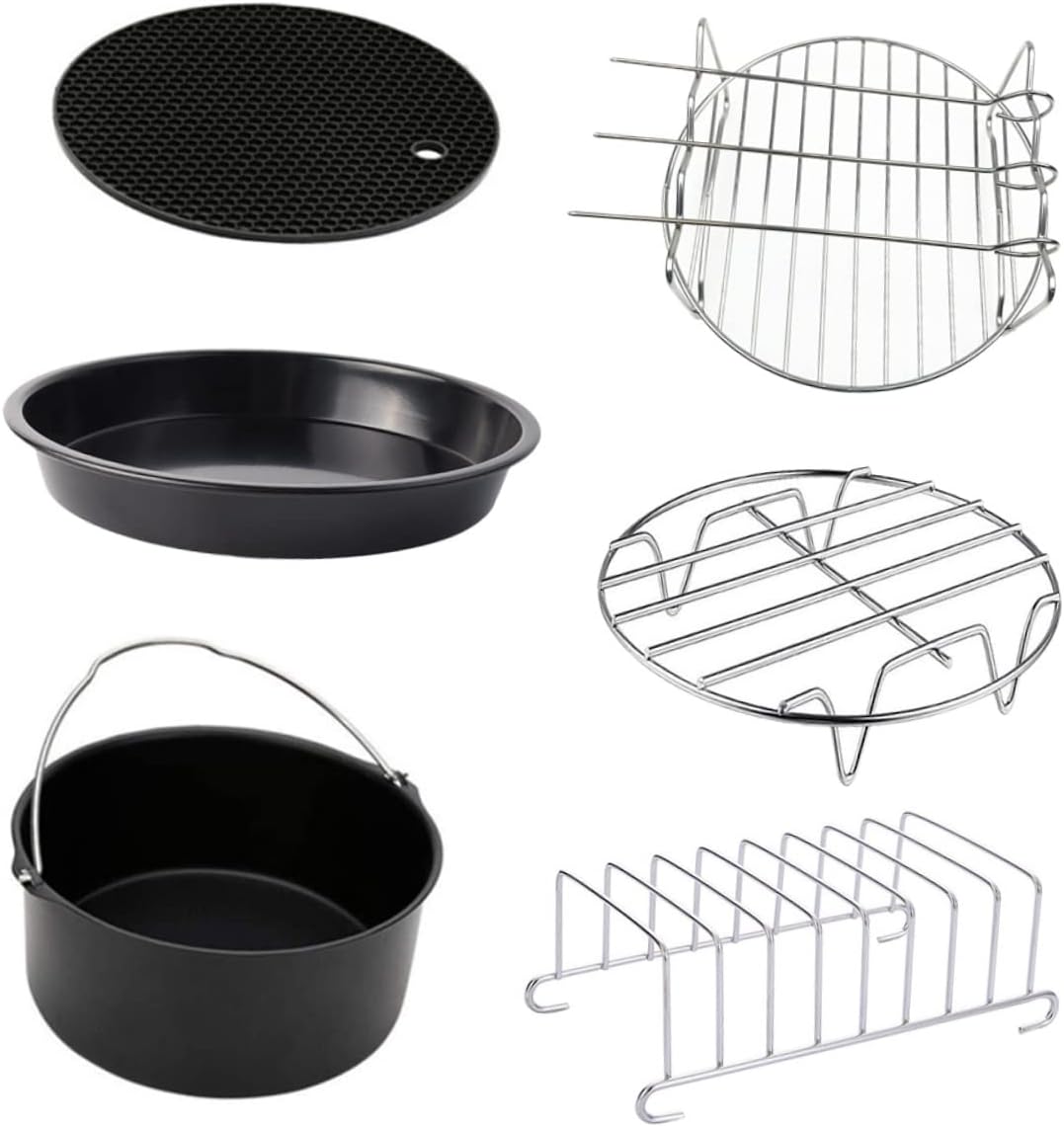 6pcs Air Fryer Accessory Set Baking Pan Rack Pizza Tray Kit for Versatile Cooking Dishwasher Safe for Soups Stews and Roasting