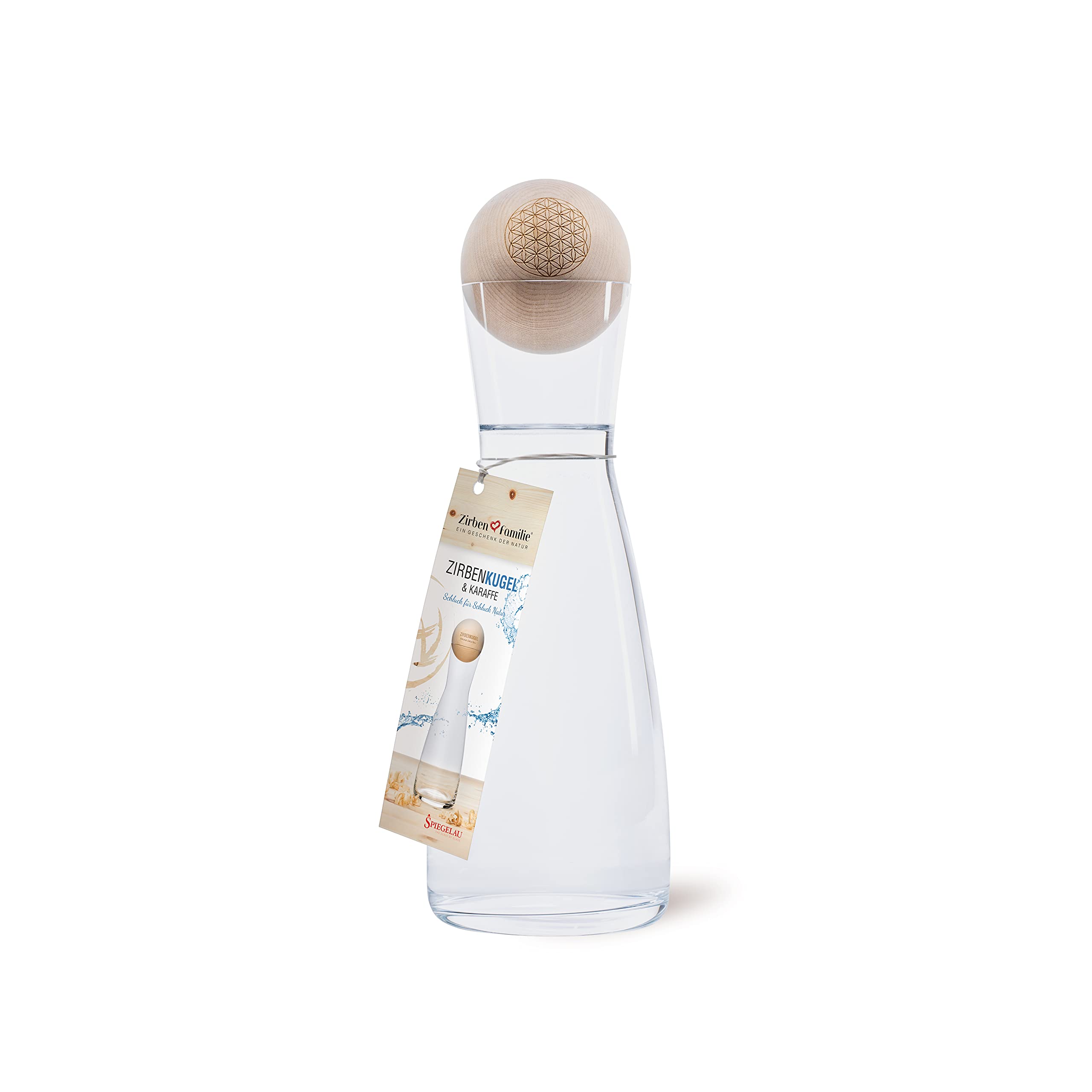 Zirben Familie® Juego de bolas de pino cembro original | confiere al agua un toque especial | Jarra de 1 litro de cristal con tapa de madera de pino | Flor de la vida Edición Flor de la Vida
