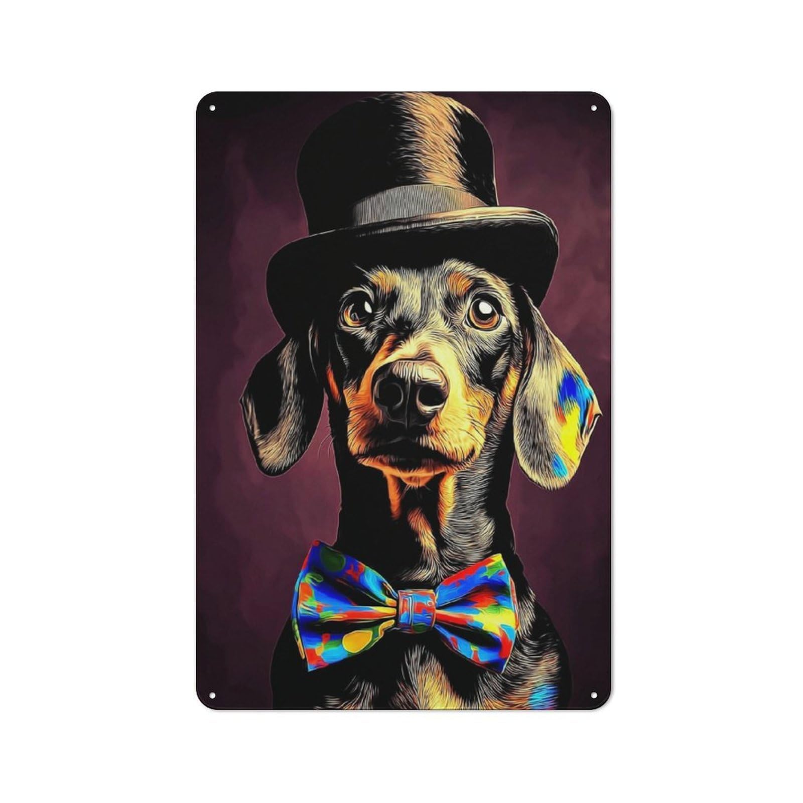 Junmoney Stylish Dachshund In Top Hat And Bow Tie Metal Wall Sign 30X20cm Featuring For Hallway Wall, Suited To Wall Display Collectors