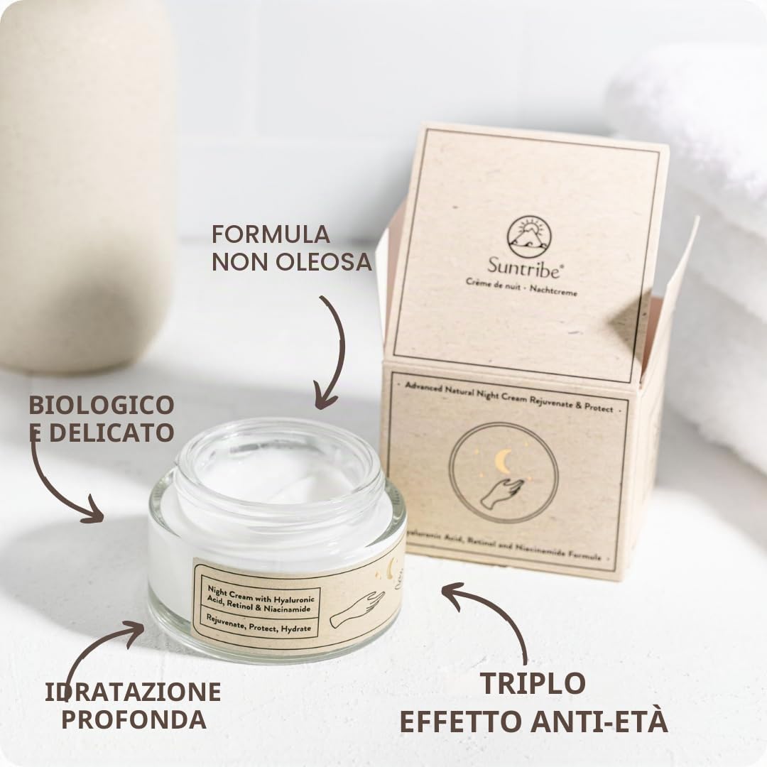 Suntribe Crema da notte biologica con acido ialuronico, retinolo e niacinamide, 50 ml, effetto anti-invecchiamento, 100% naturale, idratante, con olio di argan e aloe vera, non grassa, senza profumi,