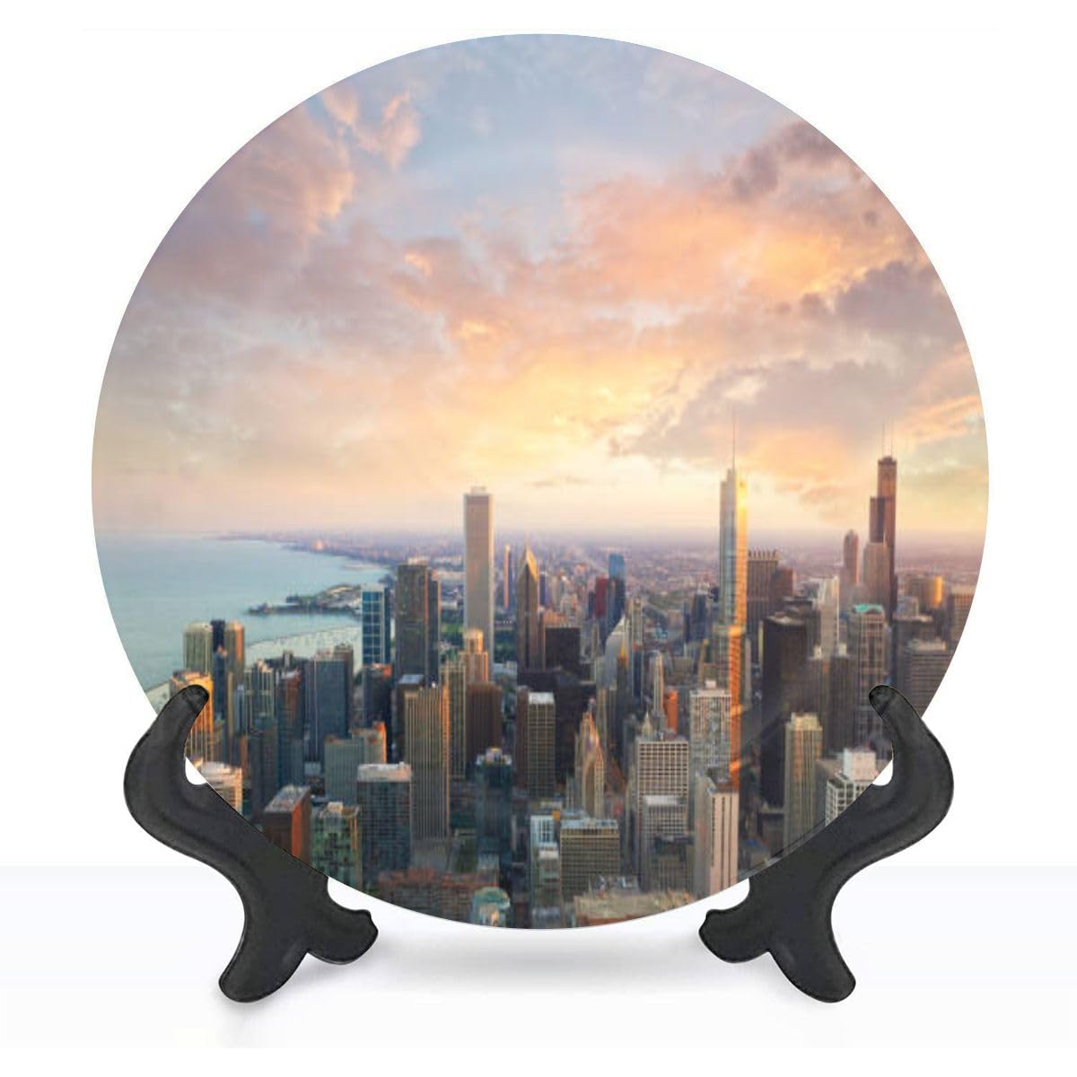 Decorative Plates for Display 8" Chicago Sunset time Ceramic Ornament with Display Stand and Hook Up for Wall Decor Hanging Festival Wedding Gift