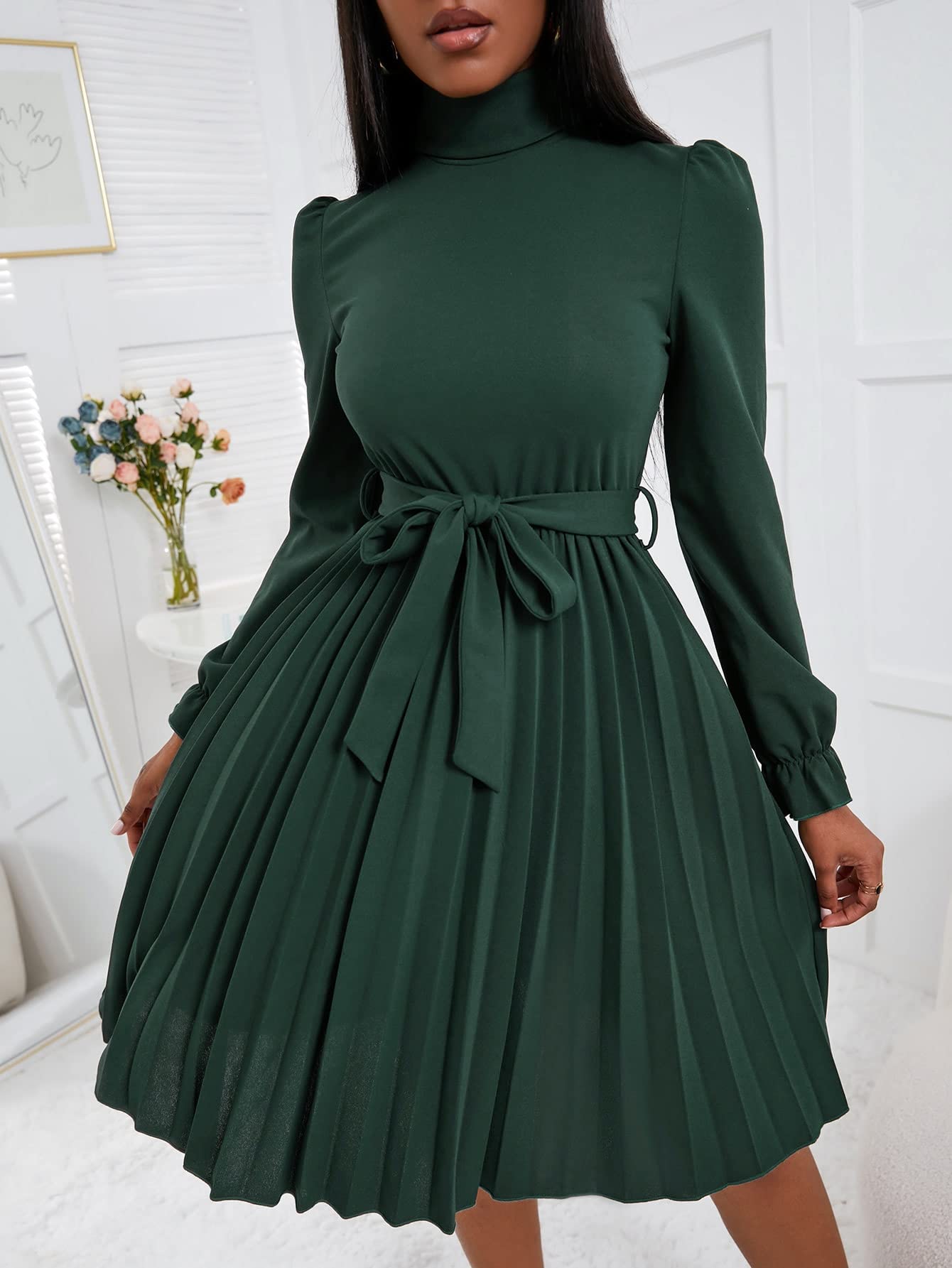 Amazon.com: Women's Dresses Turtleneck Flounce Sleeve Pleated Hem Belted Dress  Dress for Women(Dark Green,Large) : Clothing, Shoes & Jewelry