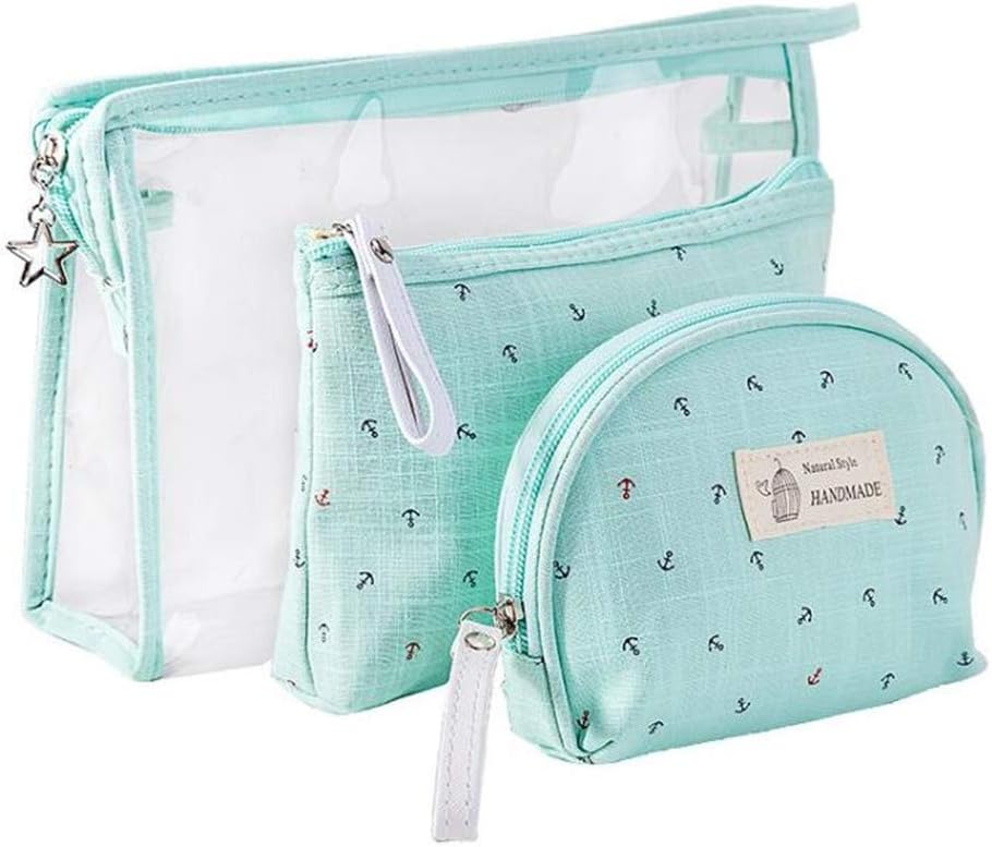 RUISIKIOU3 Pack Toiletry Bag Organiser, PVC Travel Bag for Toiletries Handbags for Women Cosmetic Makeup Pouch Bag Makeup Case Bag Small Wallet Clear with Zipper Transparent (Fashion Anchor, Green)
