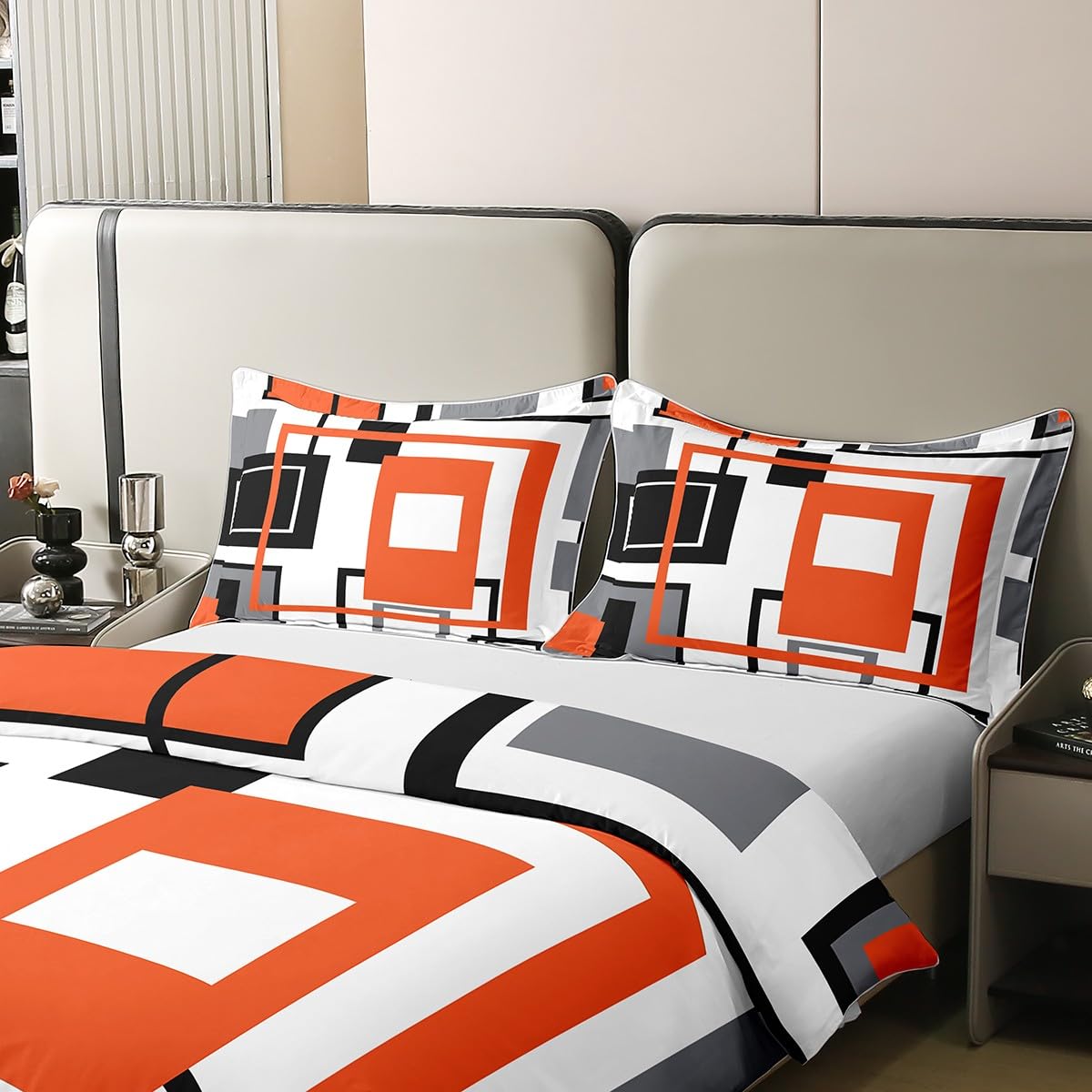Homewish 100% Cotton Black White Grey Orange Comforter Cover Single Geometric Square Duvet Cover for Kids Adults Striped Bedding Set Modern Abstract Lines Grids Quilt Cover 1 Pillow Case Room Decor - Image 4