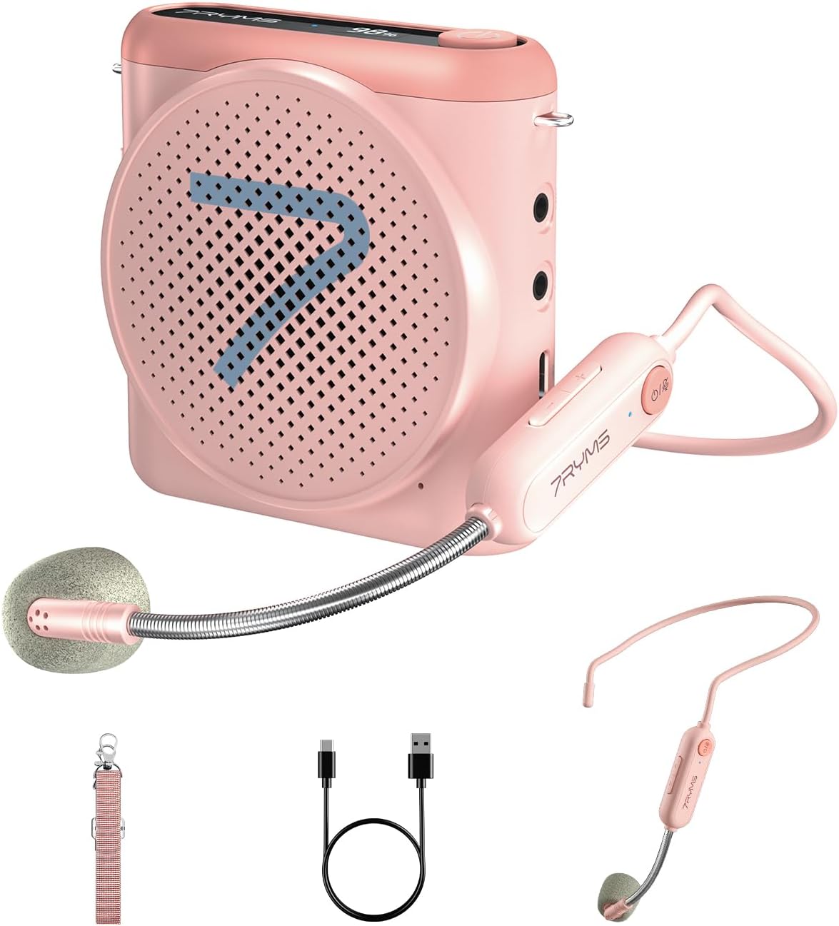 7RYMS WA1 Wireless Voice Amplifier with Headset Microphone for Teachers, Personal Power Amplifier with Noise Canceling, 164ft Range, 23H Working, Microphone Speaker for Teaching, Speech, Yoga(Pink)