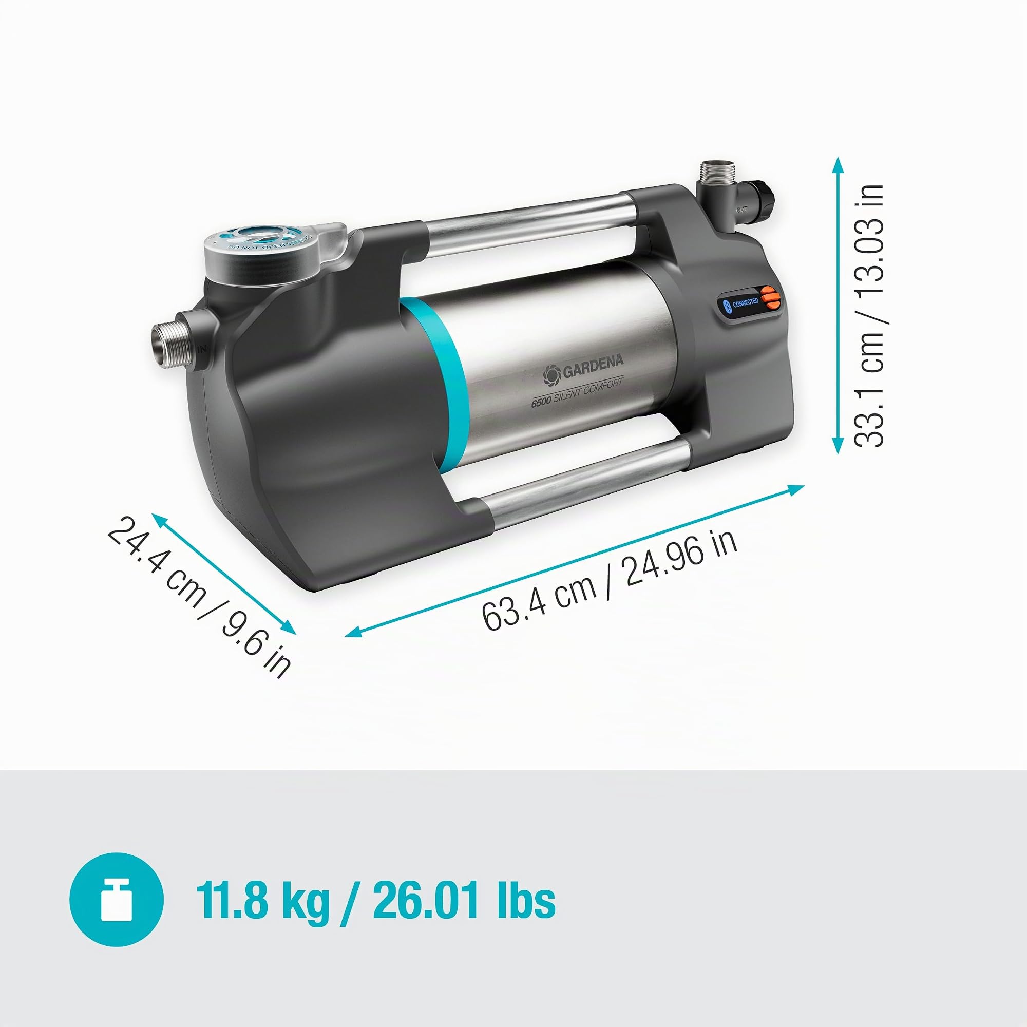 Gardena bomba de jardín 6500 SilentComfort: Bomba de riego extrasilenciosa accionada por app, caudal de 6500 l/h, seguro contra func. seco, acero inoxidable, bajo consumo e impermeable (9059-20)