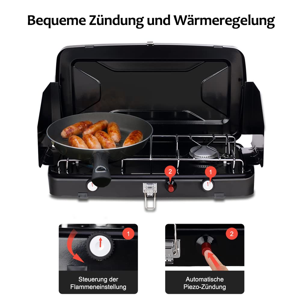Camplux JK-8620-DE kuchenka kempingowa, 2-palnikowa, kompaktowa kuchenka gazowa z pokrywką, przenośna kuchenka gazowa do użytku na zewnątrz, 50 mbar, 2400 W, LPG