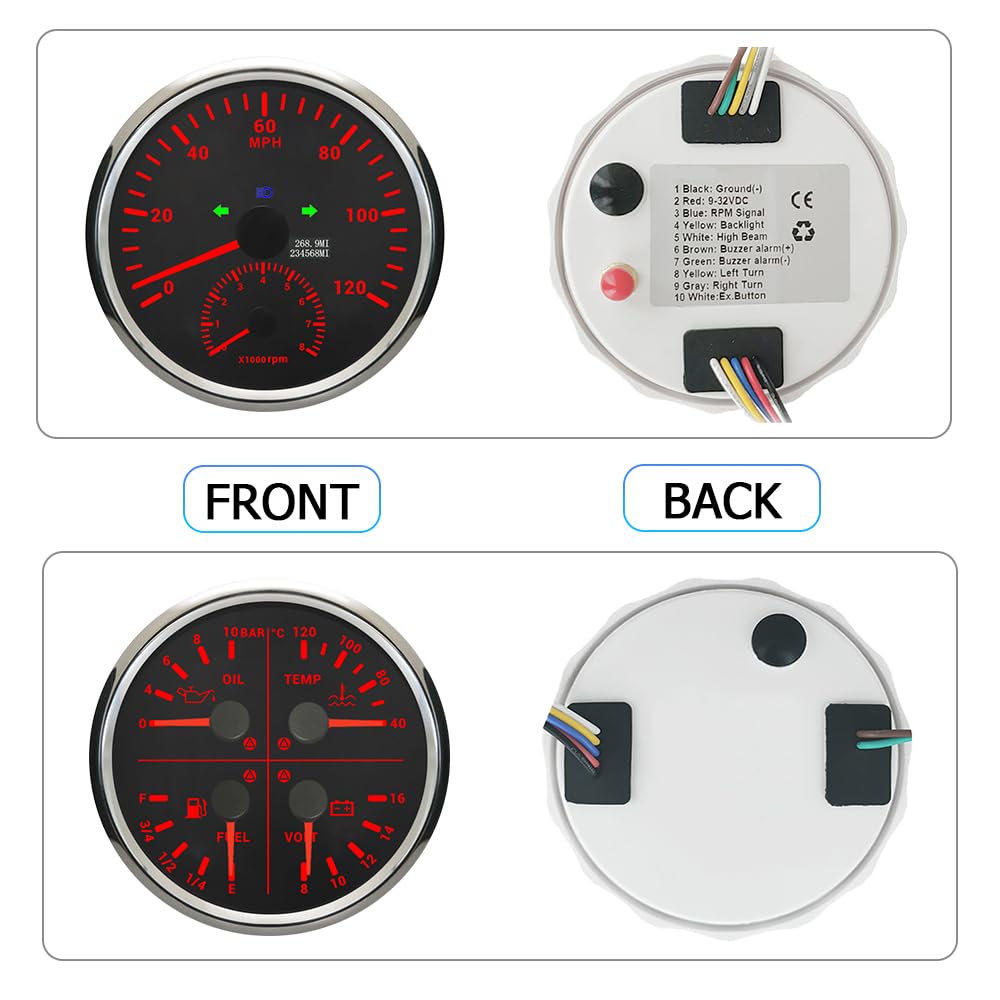 ELING Tachometr GPS 110 mm, 0-120 MPH z obrotomierzem 0-8000 obr./min, obrotomierz z wielofunkcyjnym urządzeniem pomiarowym 4 w 1, 12 V z podświetleniem tła z alarmem do motocykli limuzyn