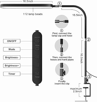 SKYLEO Desk Lamp - LED Desk Light - Flexible Gooseneck - 5 Color Modes X 11 Brightness Levels - 1300LM - Timmer & Memory Function - 12W Clip on Light - Black | 5 Color Modes X 11 Brightness Levels - 1300LM - Timmer & Memory Function - 12W Clip on Light