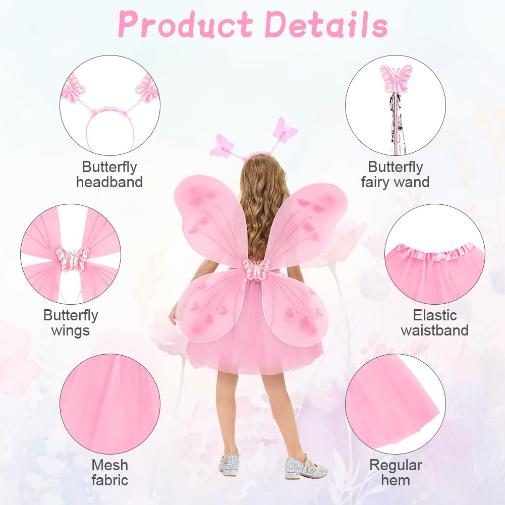 AYBUY Fairy Wings Kids Costume, Butterfly Wings, Mesh Tutu, Magic Wand & Headband, Pink Princess Skirt Set - Image 3