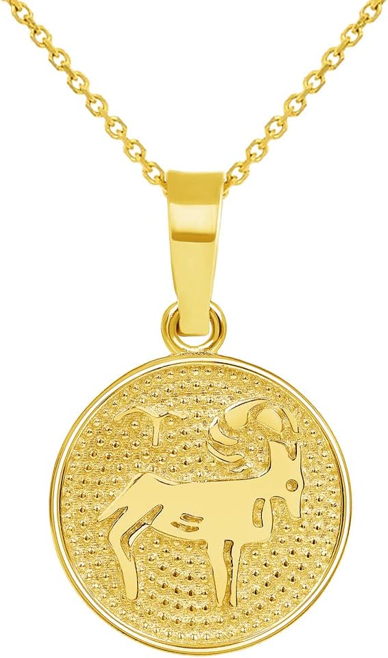 14k Yellow Gold Tiny Round Zodiac Sign Charm Horoscope Pendant Necklace