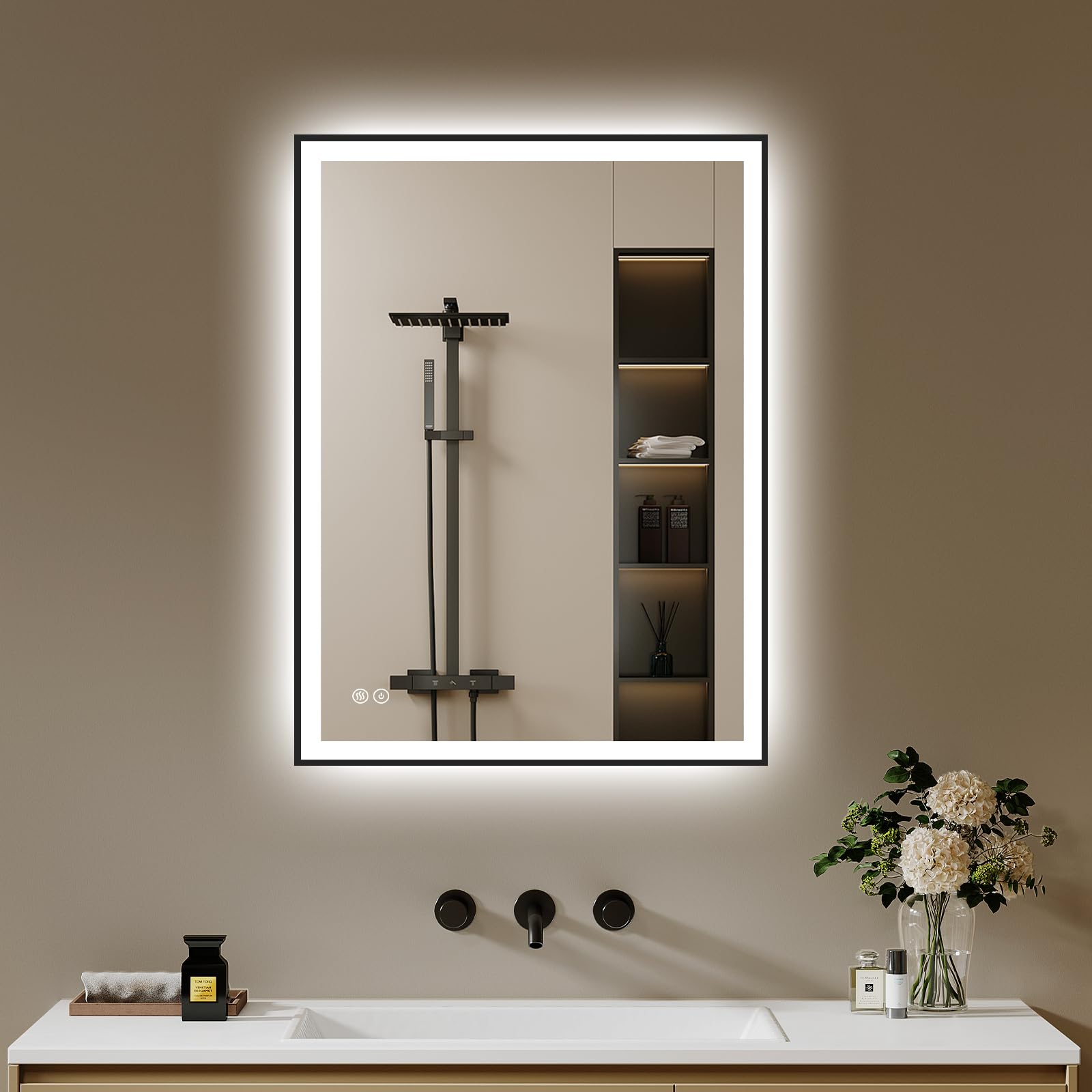 Badspiegel-mit-Beleuchtung 40x60 - Badezimmerspiegel LED Badezimmer Spiegel mit Beleuchtung - Beschlagfrei, Dimmbar, 3 Lichtfarben, Wandspiegel Led-Spiegel-Bad Schwarz Metallrahmen Horizontal/Vertikal