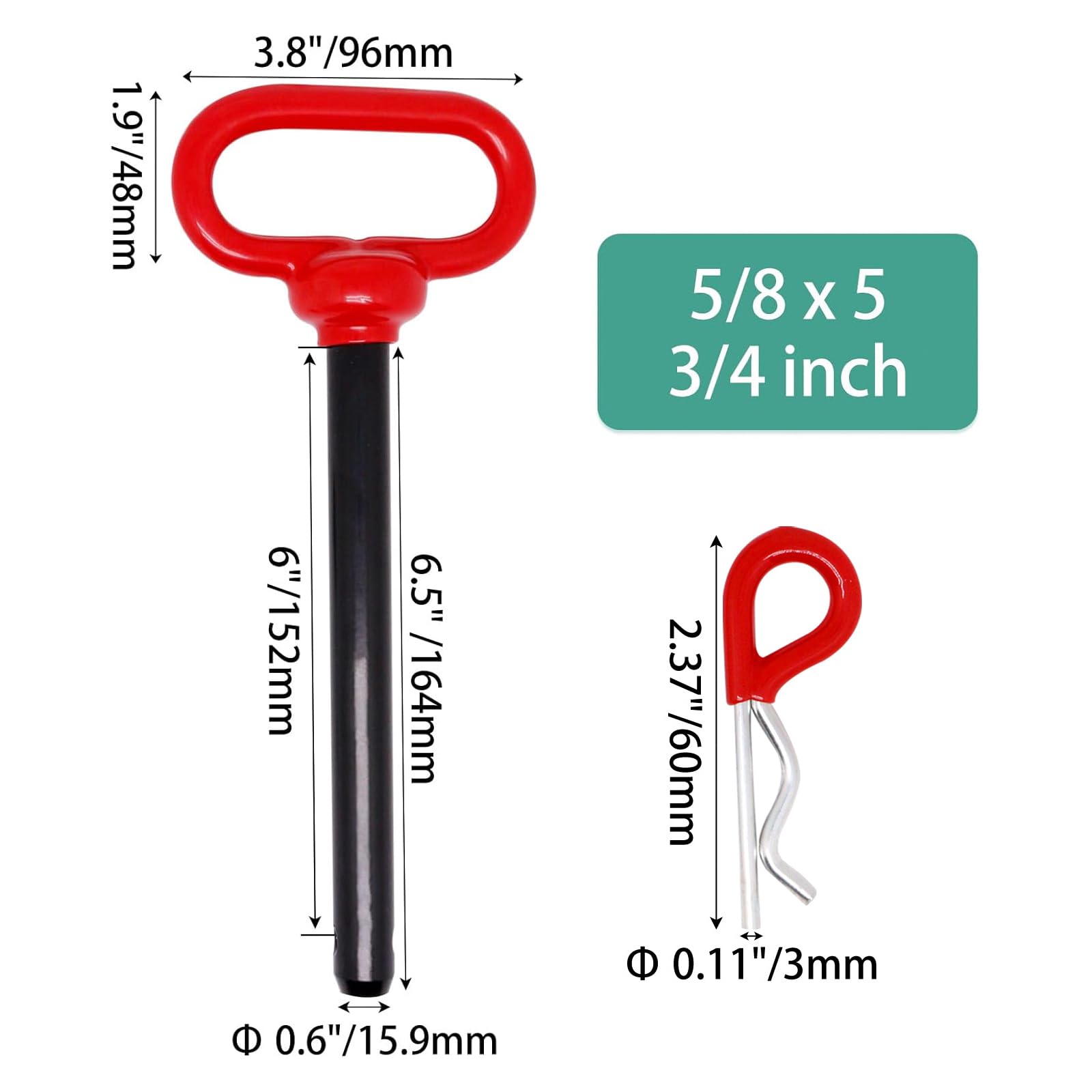 Perno di traino da 5/8 x 5-3/4", 2 perni di traino per rimorchio, perno e clip per gancio di traino per trattore, maniglia rossa, perno per cancello del rimorchio, perni per trattore per