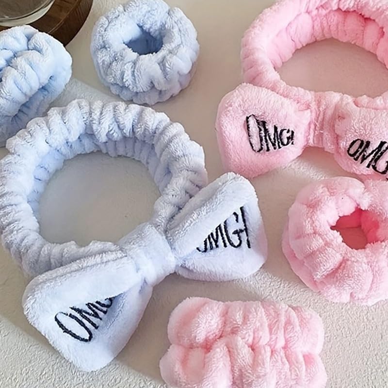2 juegos 3 unids/set lindo Coral blando polar muñequera lazo diadema for mujeres lavar la cara baño absorber agua accesorios for el cabello para Belleza Lavado de Cara Bañarse(Light blue)