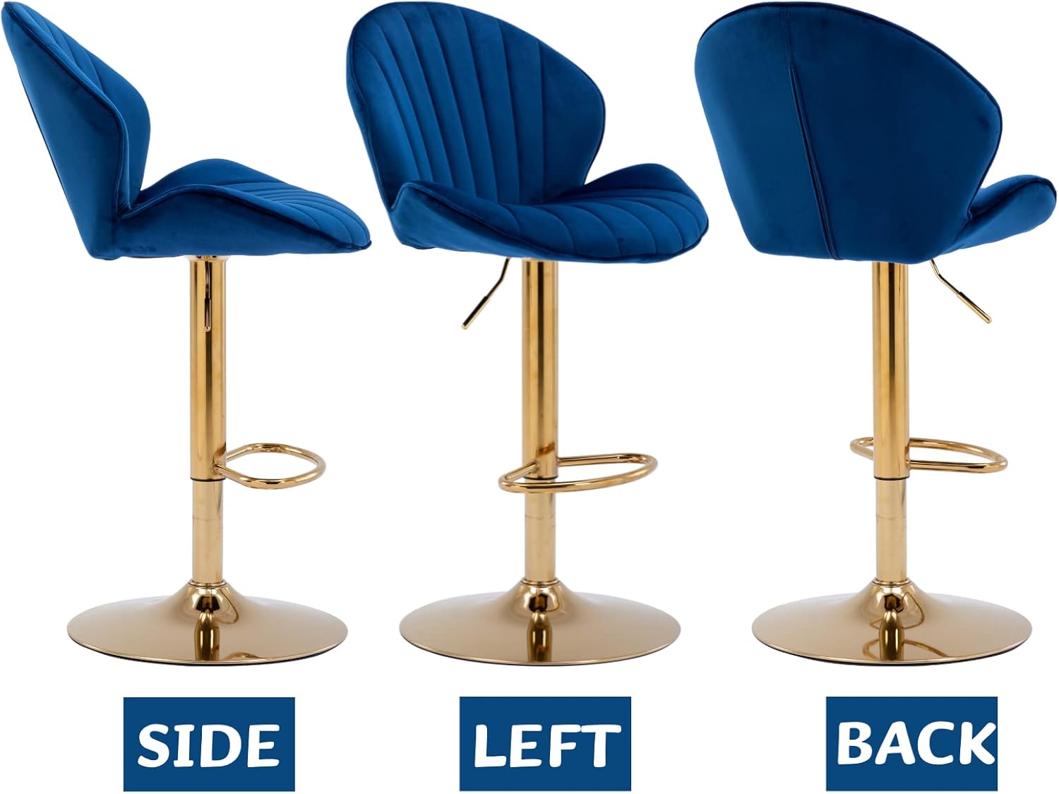 CIMOTA Adjustable Height Gold Bar Stools Set of 2 Swivel Bar Chairs Modern Barstools with Shell Shape Back Kitchen Stools for Island/Home Bar/Counter, (Gold Base/Velvet Navy Blue)