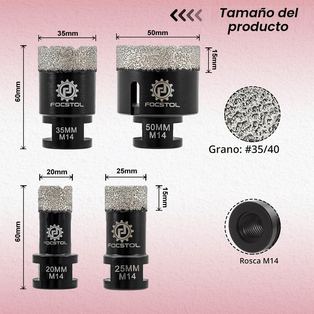 FOCSTOL Broca Diamante Porcelanico - 4 piezas (20/25/35/50mm) Corona Diamante Porcelanico para Azulejos Marmol Ceramica M14 Rosca