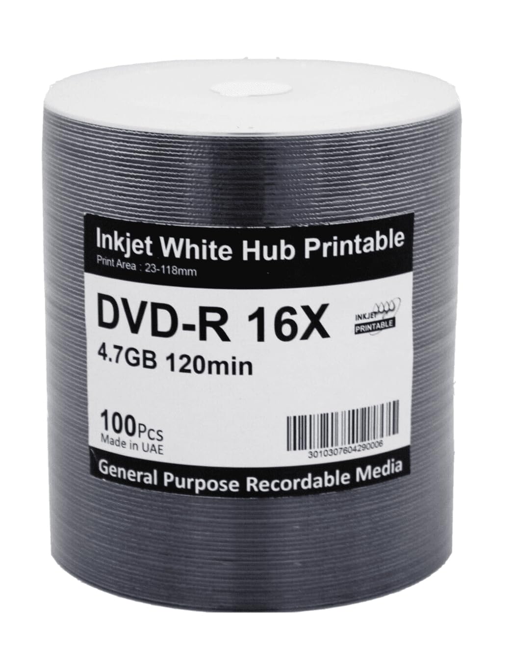DVD-R, 100 Unidades, 16x, 4.7GB, Imprimible por Inyección de Tinta, Blanco Mate