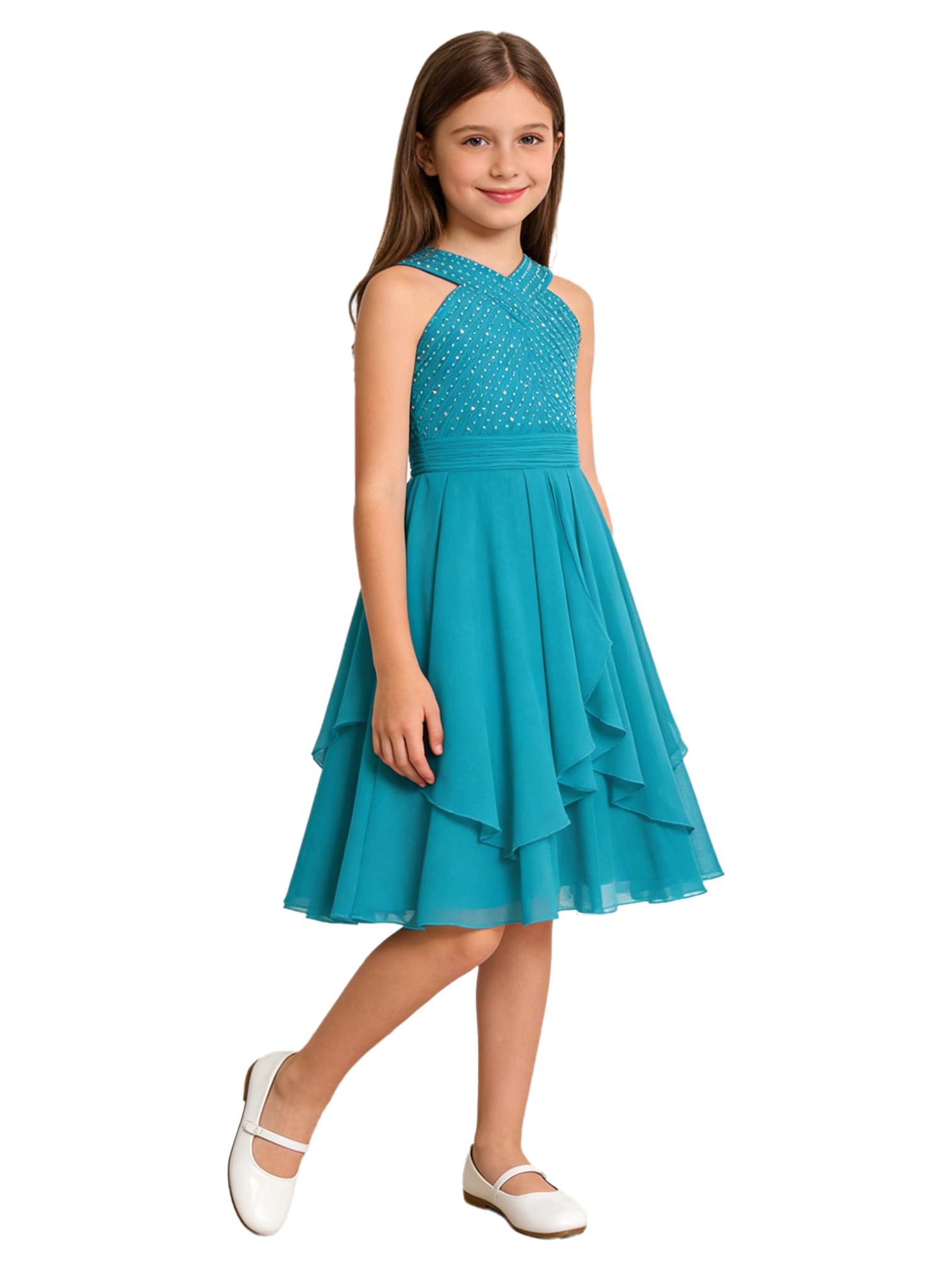 MSemis Vestito Cerimonia Comunione Bambina Elegante Abiti da Principessa Senza Maniche Abito Lungo da Damigella d'Onore Matrimonio Festa di Compleanno con Strass
