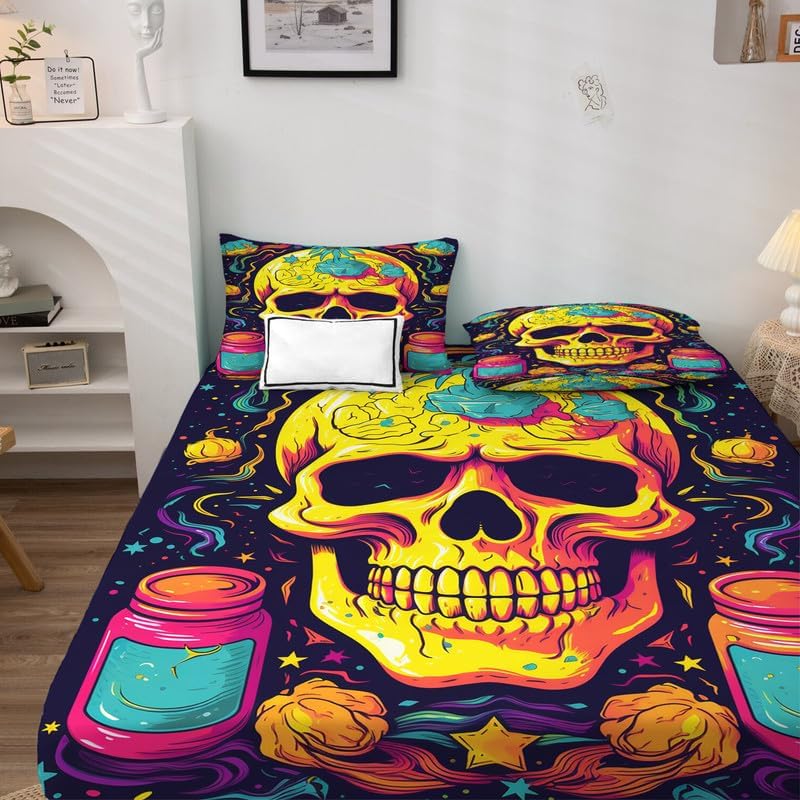 Skull Sheets Queen Size - Trippy Bed Sheets, Soft Microfiber & Deep Pocket & Wrinkle Free Patterned Bedding Sheets & Pillowcases, 4 Piece (1 Fitted Sheet, 1 Flat Sheet, 2 Pillow Cases)