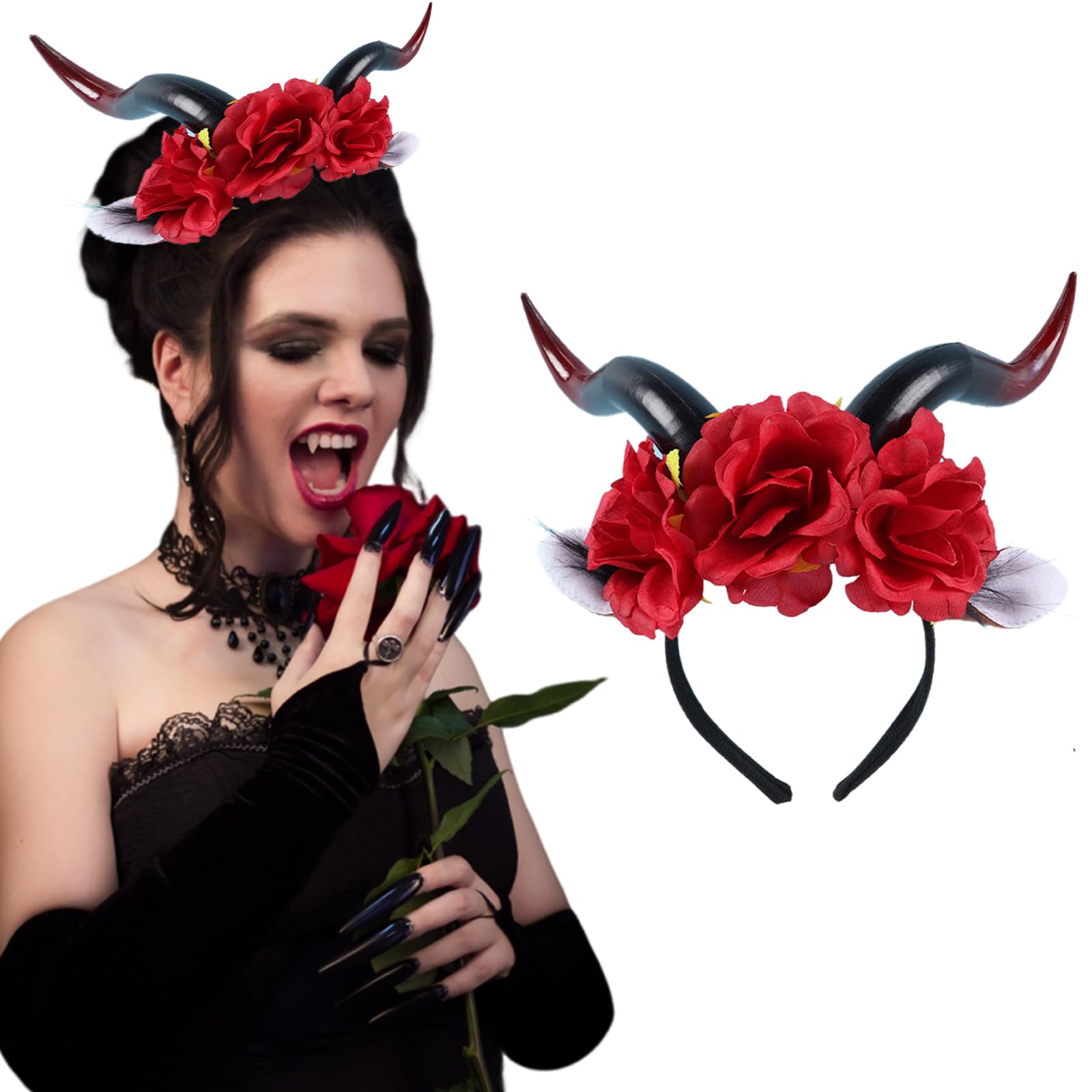 Devil Horns Headband Rose Flower Horns Horror Headpiece for Women Halloween Party Cosplay Costume Accessories