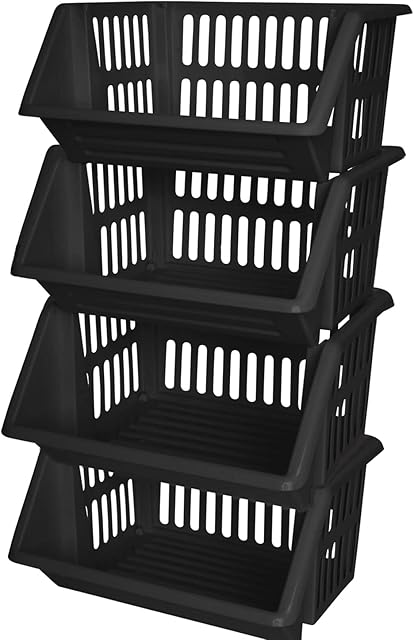 Large Plastic Stacking Baskets (Set of 4) Multi-Purpose Storage Rack, Ideal for Home, Office and Garage-Length 36 cm x Depth 30 cm x Height 17.5 cm (Black)