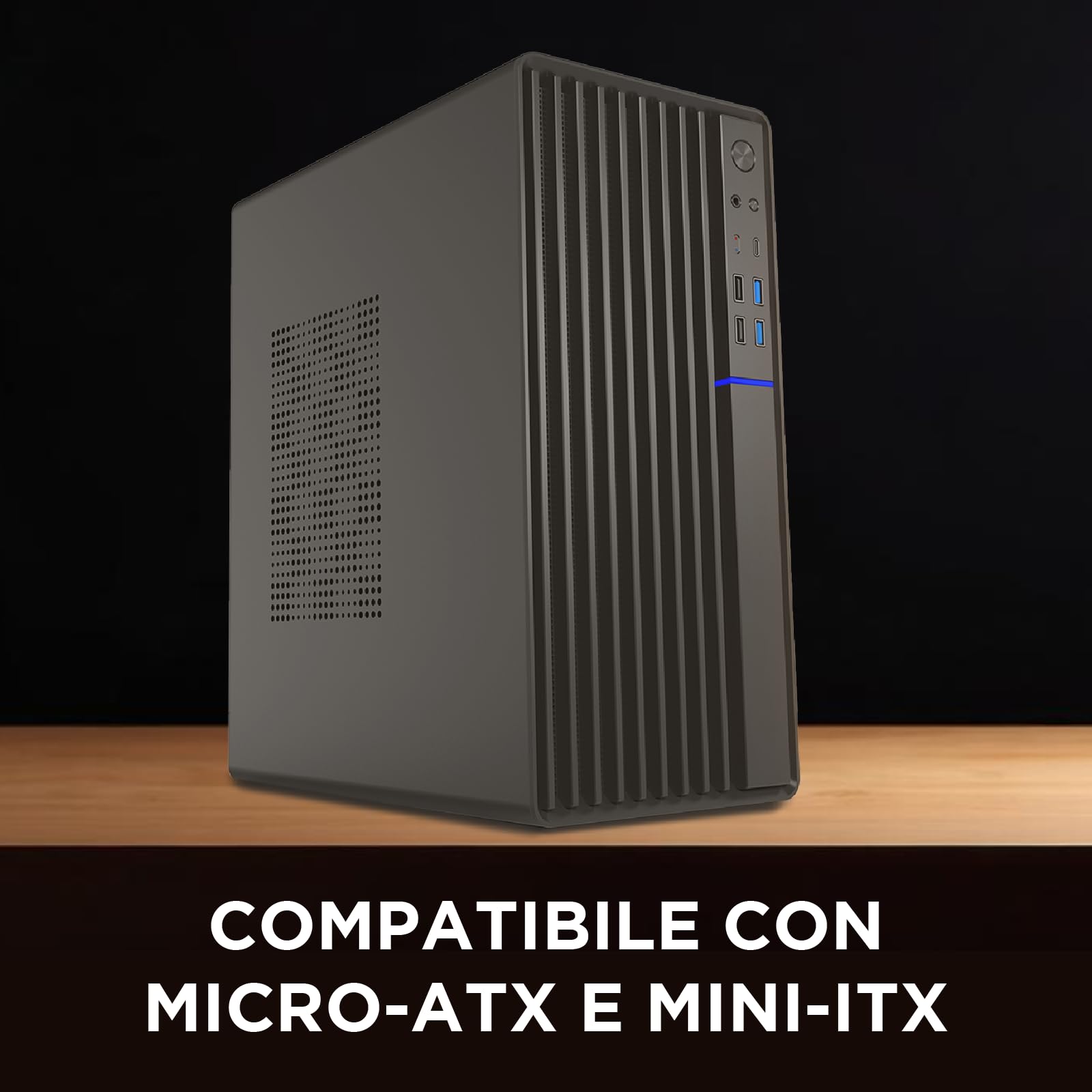 Nuwo Quartz QK300 | Case PC Compatto Micro-ATX Senza Alimentatore | Compatibile con MicroATX e Mini-ITX | Raffreddamento a Rete Frontale | USB 3.0 e Type-C, Nero