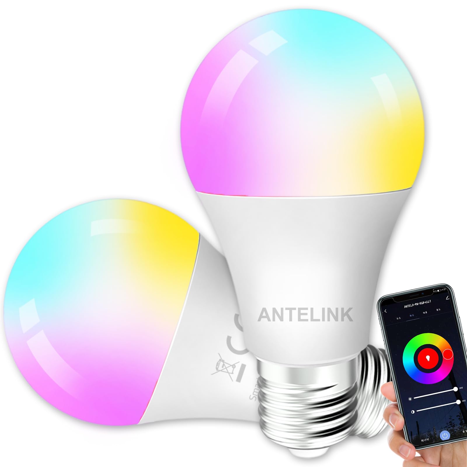Lampadina Wifi Smart LED Dimmerabile RGB 9W 806lm Compatibile con Alexa Google Home, Bianco Freddo Caldo 2700K~6500K Tuya APP, 2 Pz.