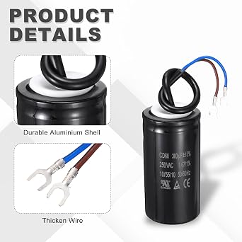 sourcing map CD60 Run Capacitor, 300uF 250VAC 50/60Hz 2 Wires CD60 Motor Starting Capacitor for Washing Machine, Air Compressor, Refrigerator, Black