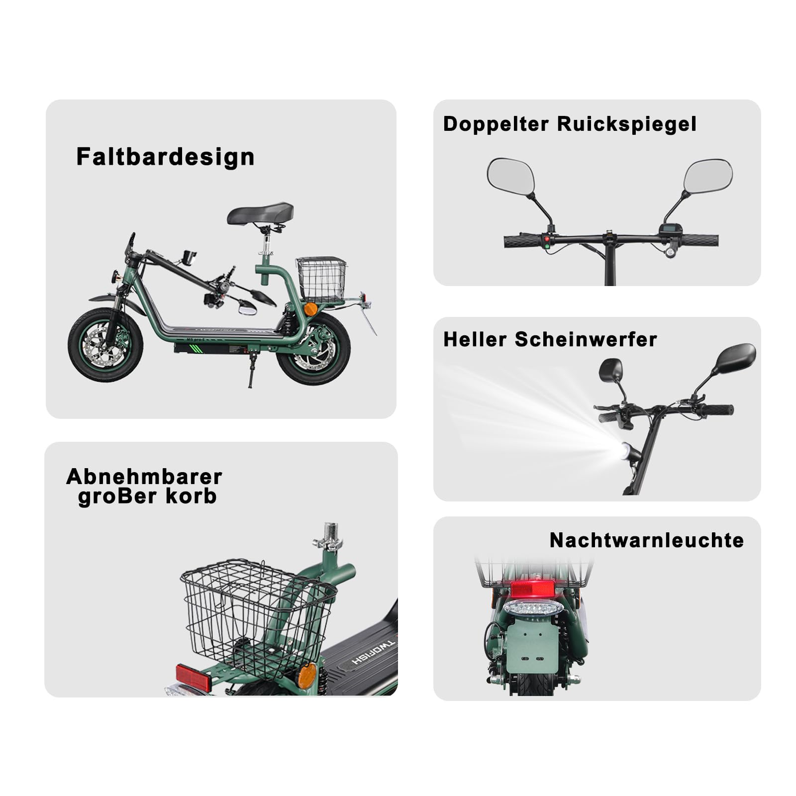 TWOFISH E Moped mit Straßenzulassung, Elektro Motorrad für Erwachsene mit 500W Motor 48V 13Ah Akku, EEC Zertifiziert, 12/14 Zoll Reifen, Display, Rückspiegel