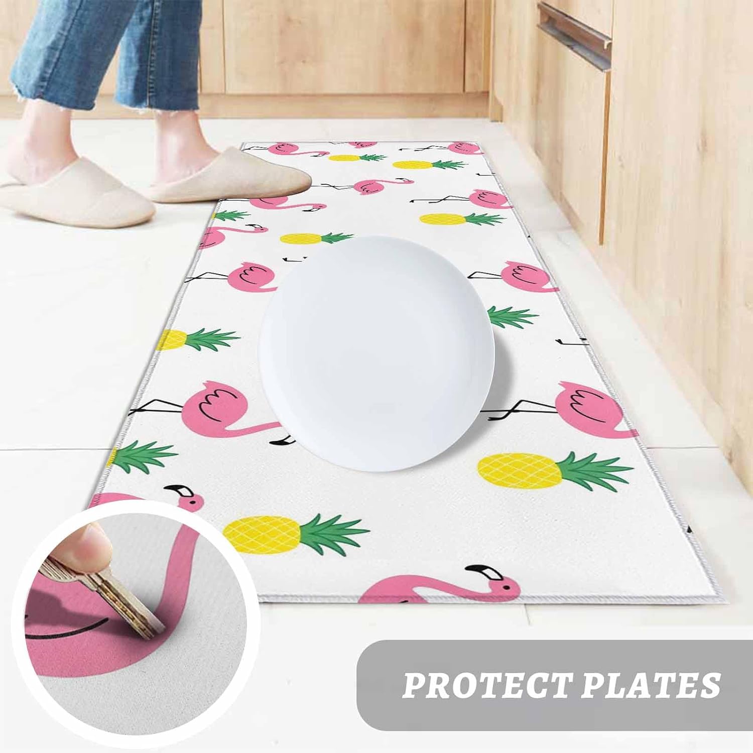 Kitchen Mats for Floor Abstract Flamingo Sketch Pineapples Washable Non Slip Kitchen Rugs 1PCS, Watercolor Animal Fruit Absorbent Standing Mats for Sink Bathroom Office Living Room 23.6x70.9in