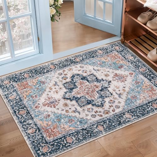 SERISSA Boho Rugs for Entryway, 2x3 Entryway Rug Non-Slip Washable Small Area Rug, Ultra Soft Oriental Vintage Low-Pile Indoor Door Mat Blue Orange Floor Carpet for Entrance Bedroom Kitchen Bathroom