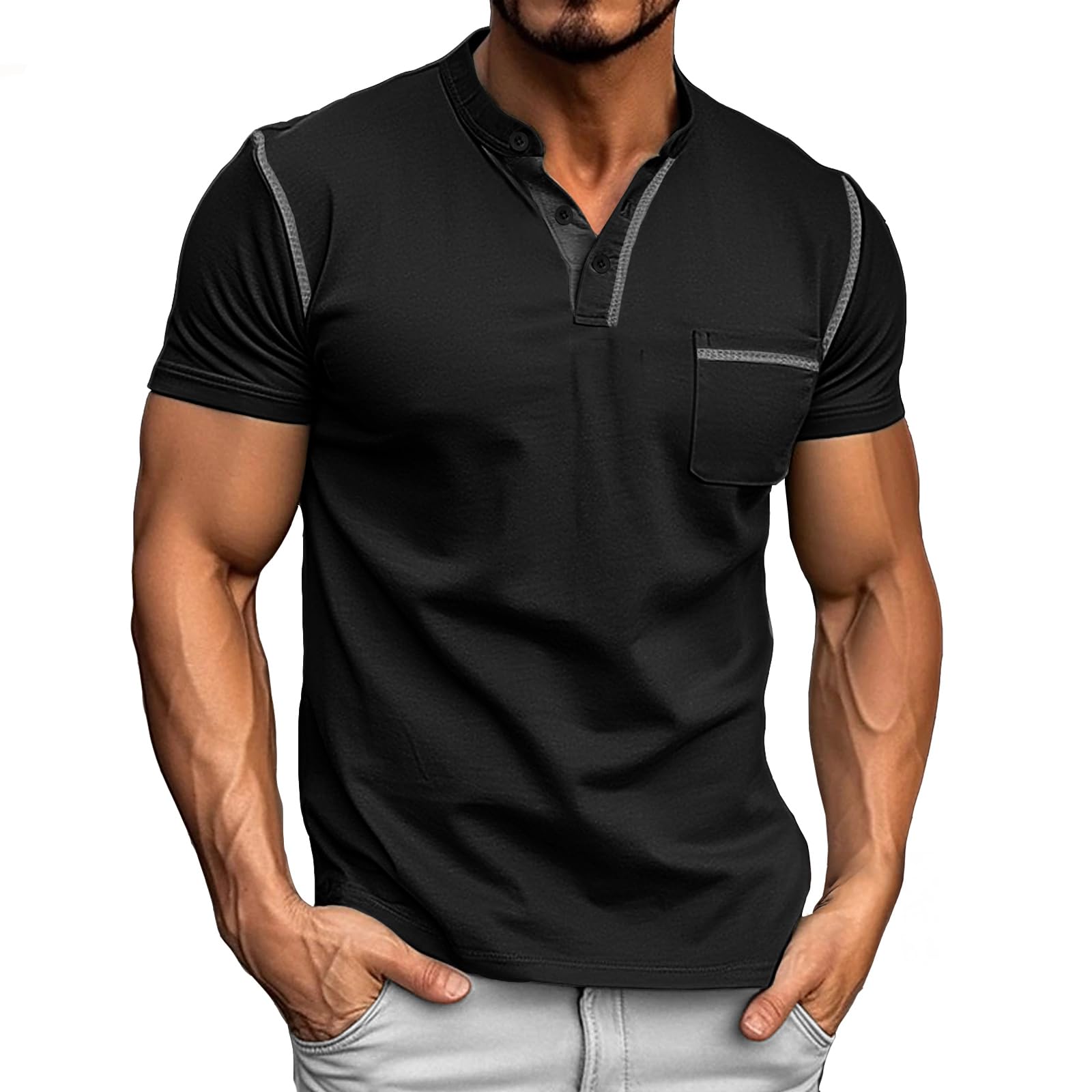 Donason Herren Henley Shirt Sommer Kurzarm Knopf T-Shirt mit Brusttasche und Grandad-Ausschnitt Kurzarmshirt Casual Basic Tops Tshirt für Männer