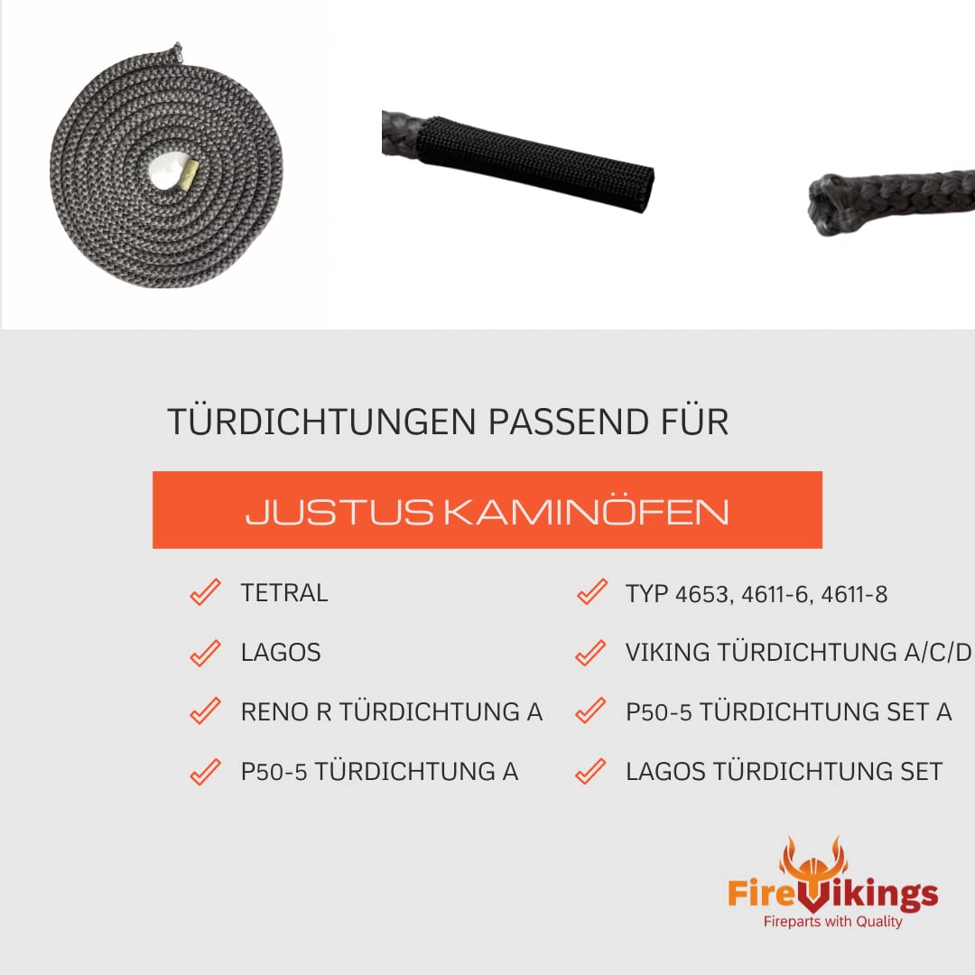 Justus - Guarnizione per porta del camino, 3 m, ø 10 x 10 mm, per modelli Lagos, Reno, R P50-5, Viking, Polarfalò K2