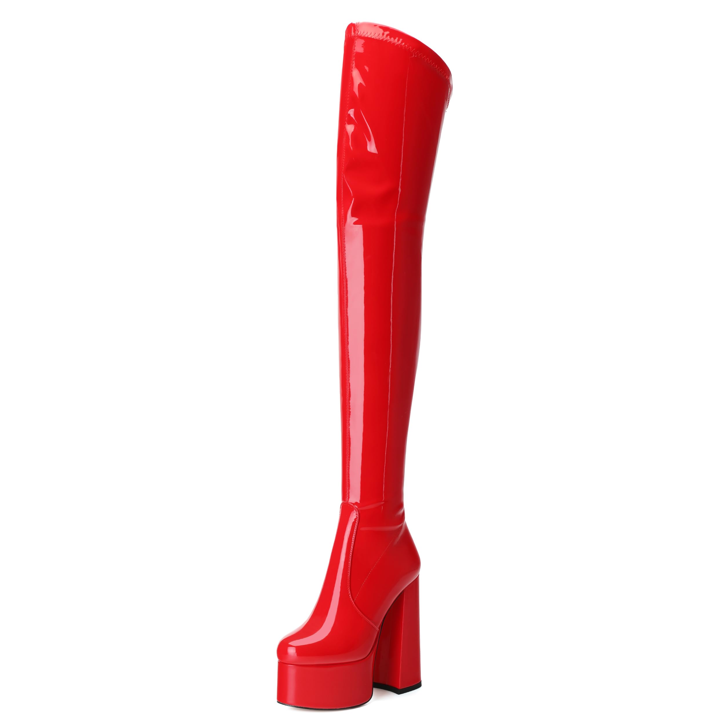 WAYDERNS Over the Knee Boots for Women Patent Leather Platform Block High Heel Round Toe 5.9 Inch Side Zipper Long Boots Sexy Dating Party Evening