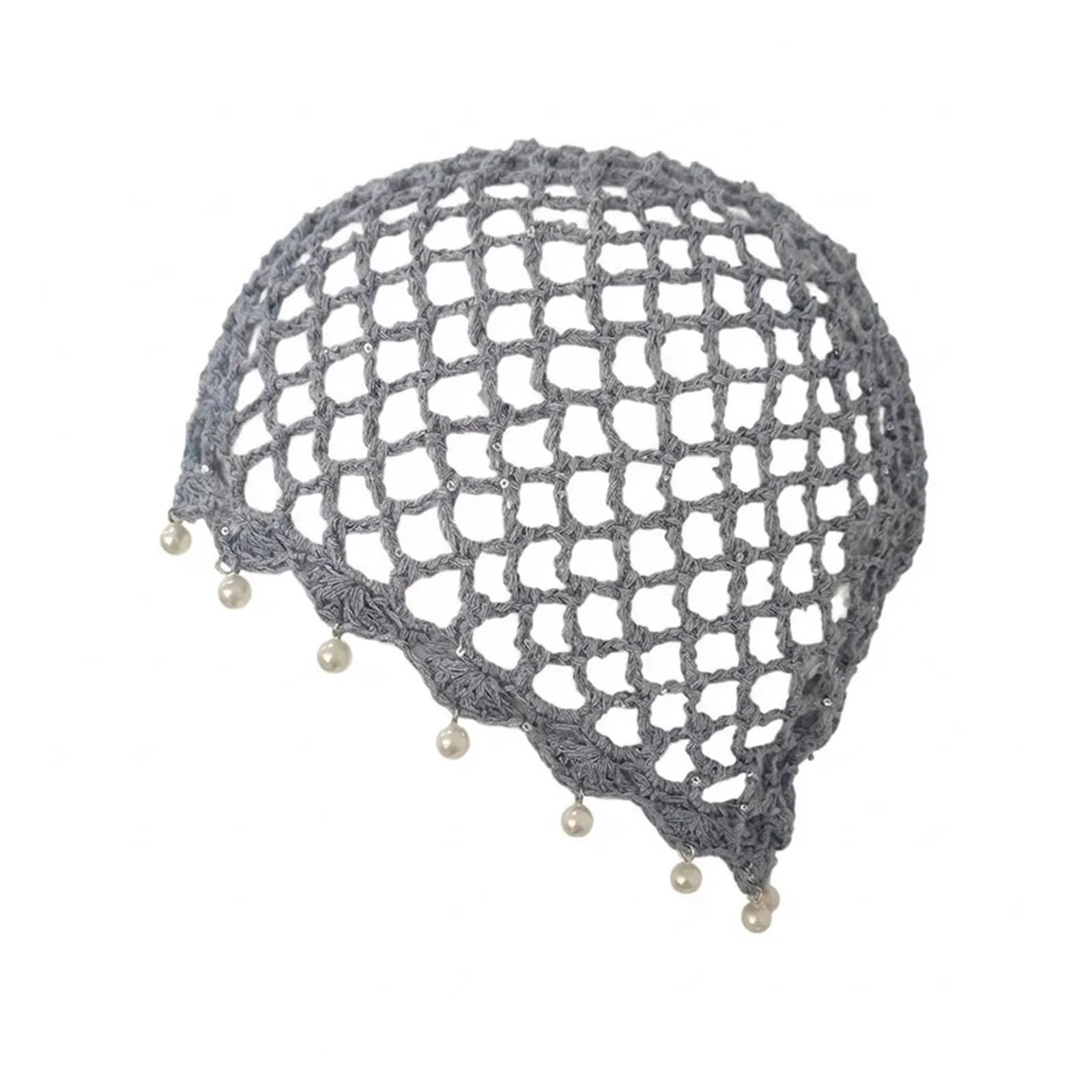 Boina de punto calado con perlas y acabado de ganchillo artesanal gris