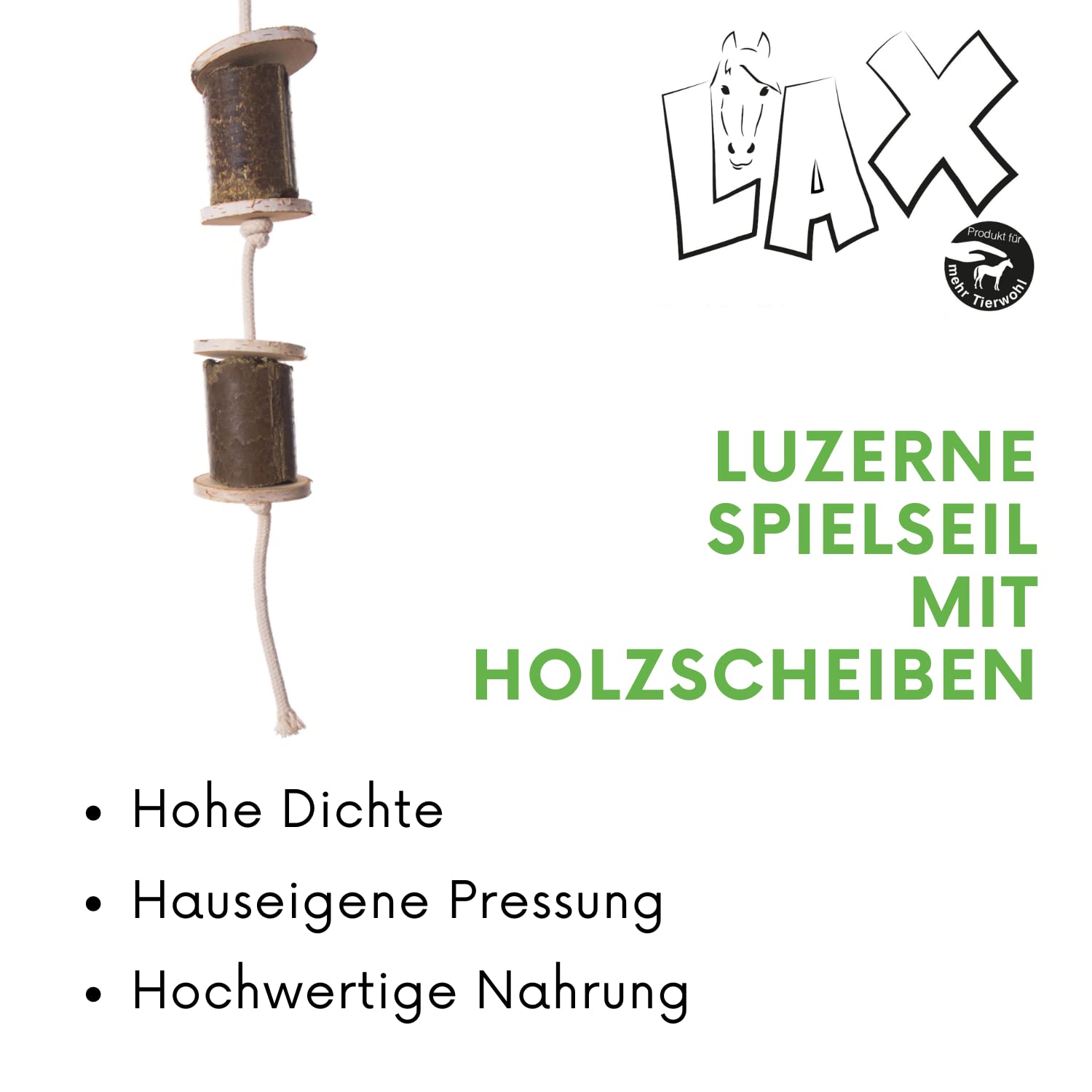 LAX Wiesenprodukte Spielseil für Pferde 1 kg (1 Stück) – Getreidefreies Beschäftigungsfutter mit Luzerne & Holzscheiben – Natürlicher & rohfaserreicher Pferdesnack