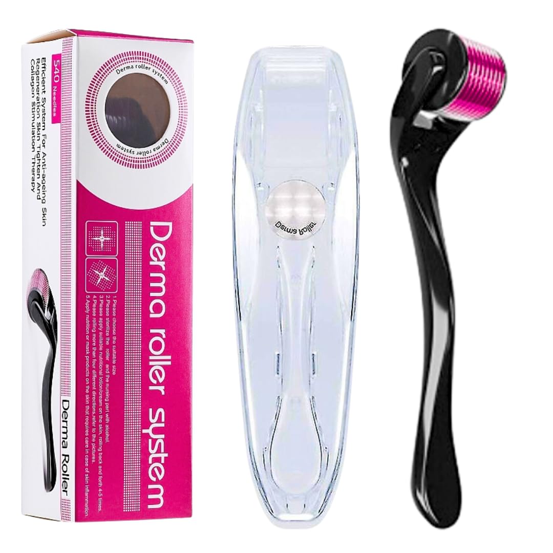 540 Titanium Derma Roller for Face & Body: Skin rejuvenation, anti-aging, scar/acne marks, cellulite treatment. Promotes hair growth for men & women. Includes carry case. (0.5mm)