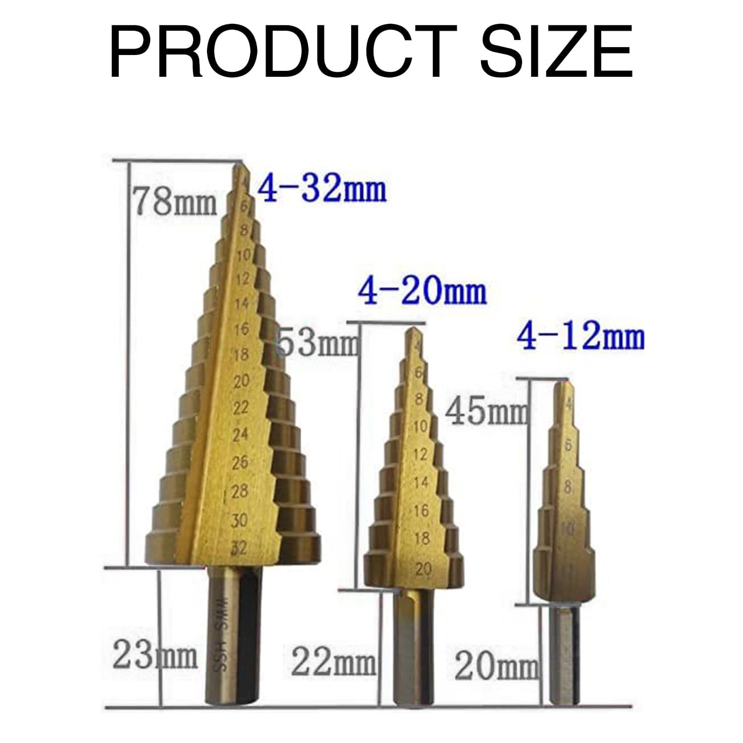 3 Pcs Large HSS Steel Step Cone Drill Bit Set - Titanium Bits for Metal, Wood, Plastic - Multi-Size Drill Bits - Ideal for DIY & Professional Use - Image 2