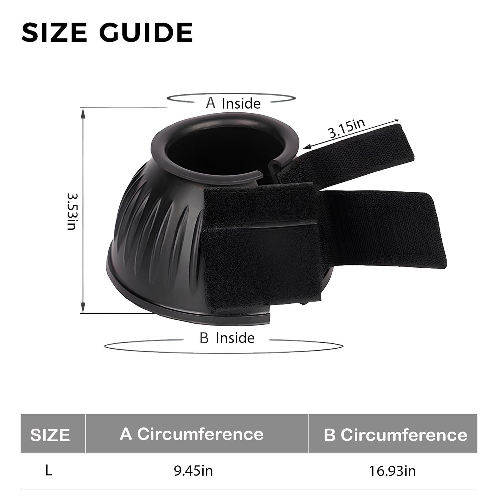 Große Hufglocken, schwarze Gummi-Überreichstiefel, 8,9 cm Höhe, 24,9 cm obere Öffnung, Verschluss
