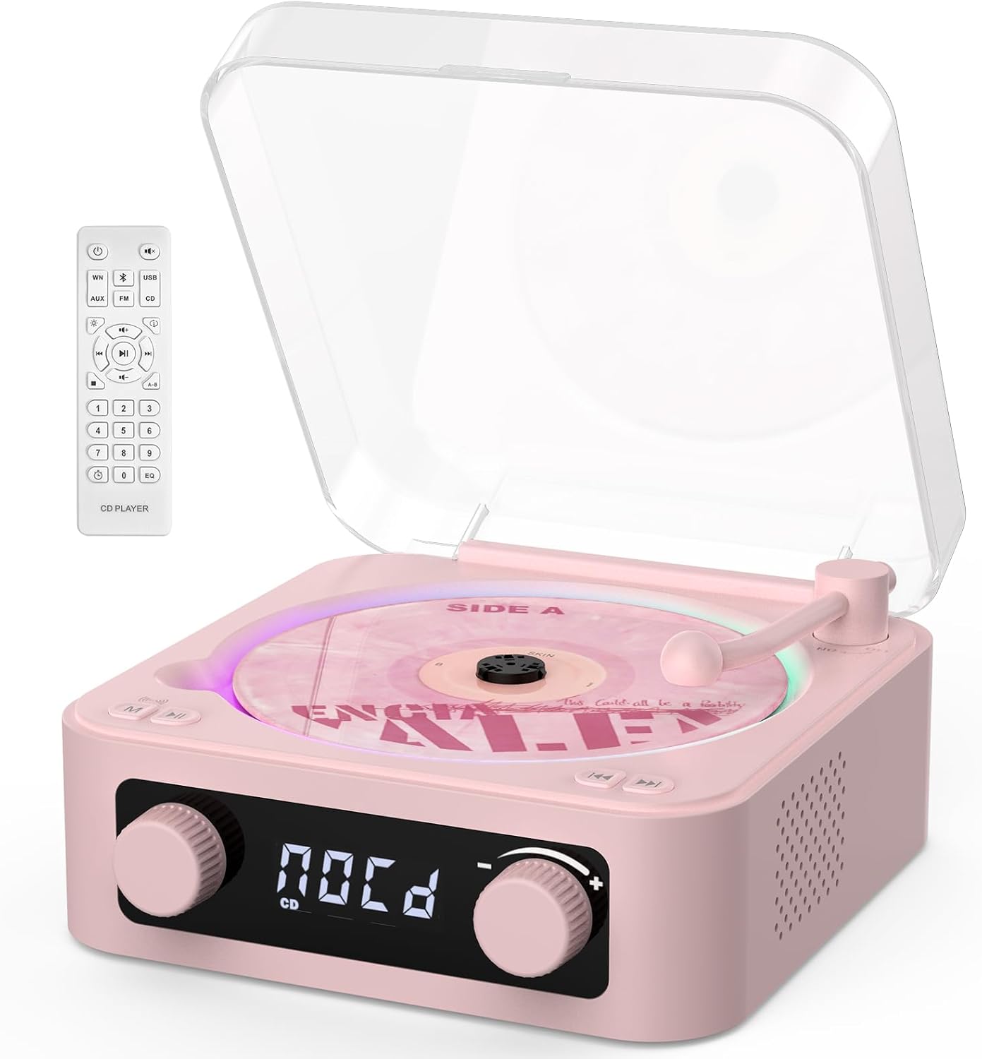 CD Player with Built-in Speakers Portable Bluetooth Input&Output Desktop CD Players for Home with Screen Display, Ambient Lighting, FM Radio, White Noise Mode, Remote Control, USB Type-c (Pink)