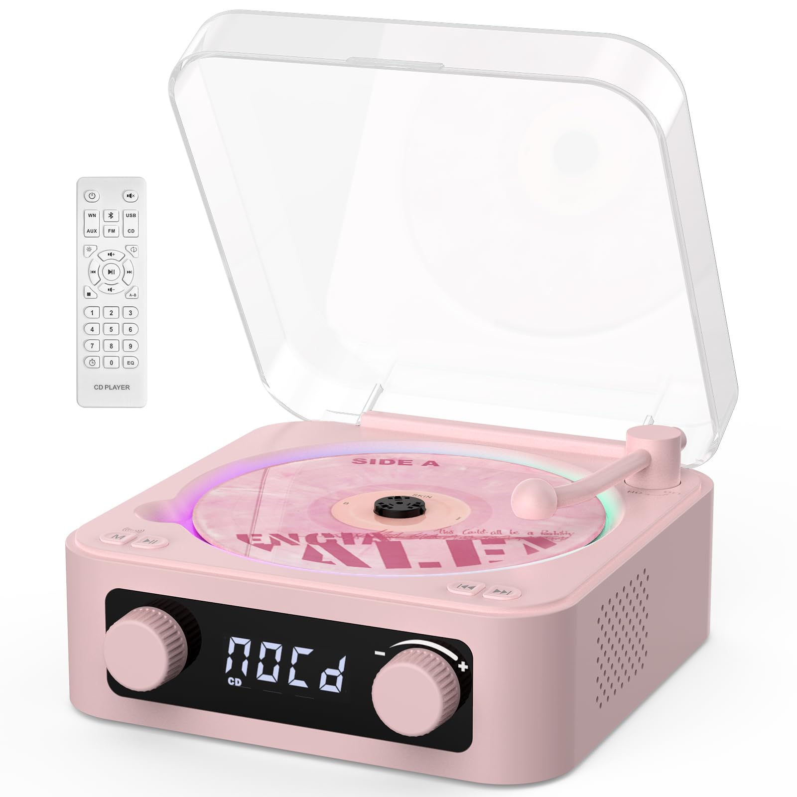 CD Player with Built-in Speakers Portable Bluetooth Input&amp;Output Desktop CD Players for Home with Screen Display, Ambient Lighting, FM Radio, White Noise Mode, Remote Control, USB Type-c (Pink)