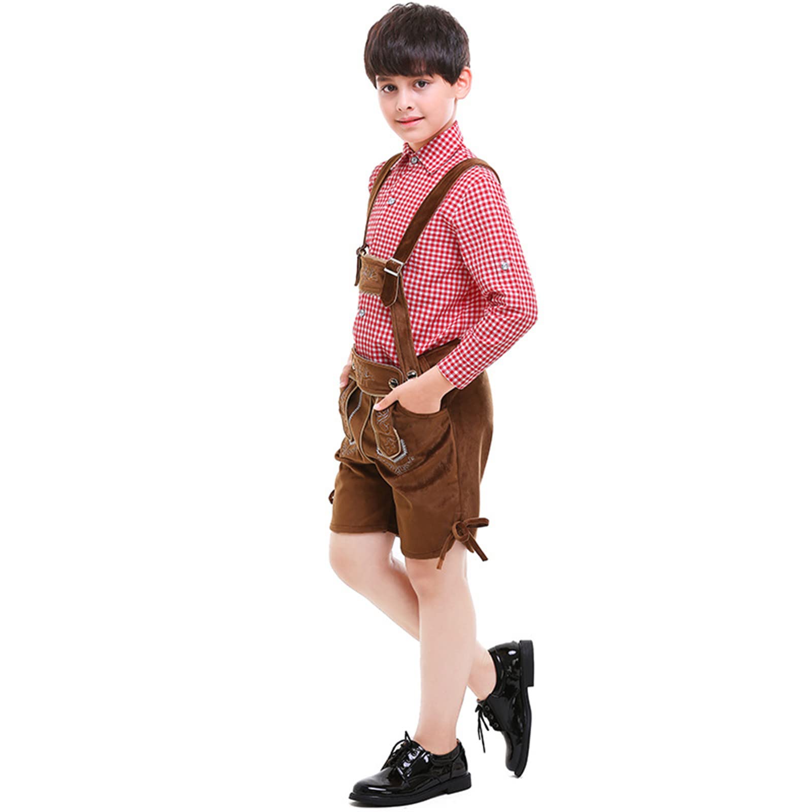 Kinder Trachten Lederhose Jungen Mädchen Kurze Trachtenhose Mit Kariert Trachtenhemd Und Trachtensocken Trachten Arbeitshosen Baumwolle Cosplay Outfit Für Oktoberfest Trachtenhose Lederhose Jungen