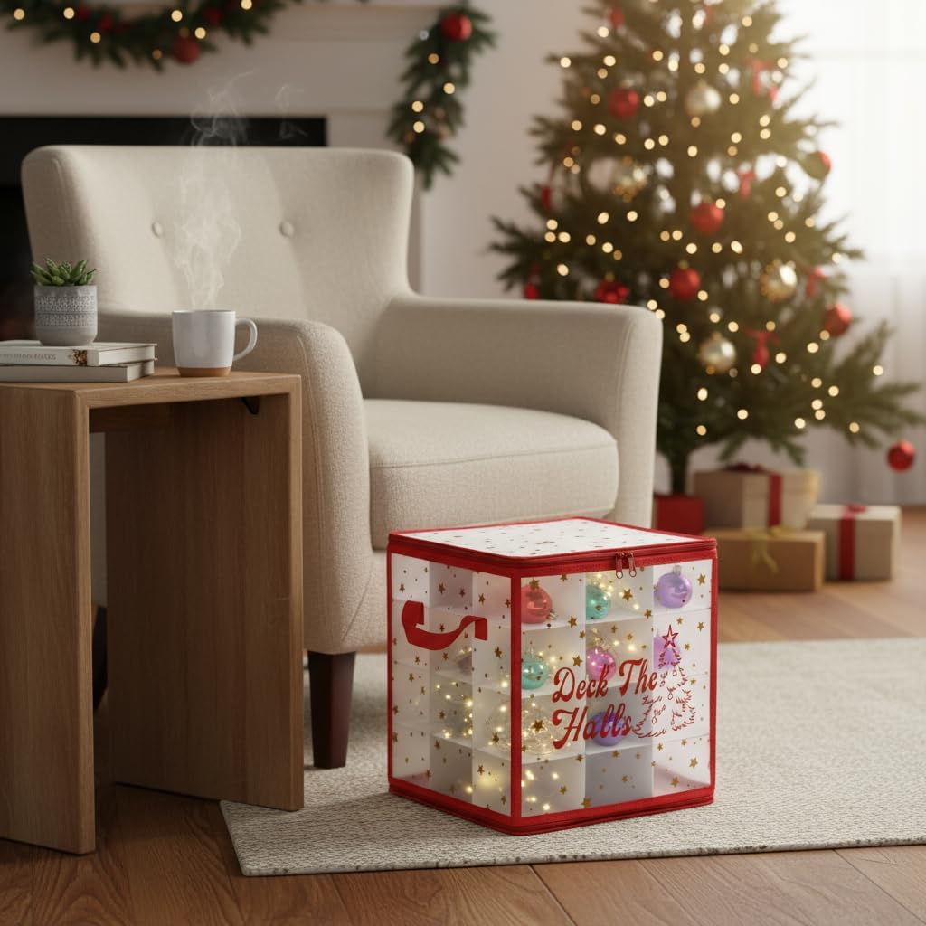 2-Pack Christmas Ornament Organizer Box with Adjustable Dividers for 64 Balls - Frosted Holiday Decor Storage Container, Space-Saving Plastic Christmas Ornaments Protection